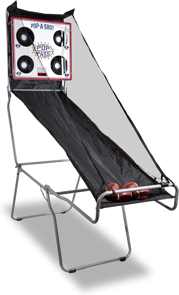 Pop-A-Shot | Official Pop-A-Pass Electronic Arcade Style Football Toss Game | 4 Inflatable Mini Footballs | Foldable, Portable, Tote Bag Included