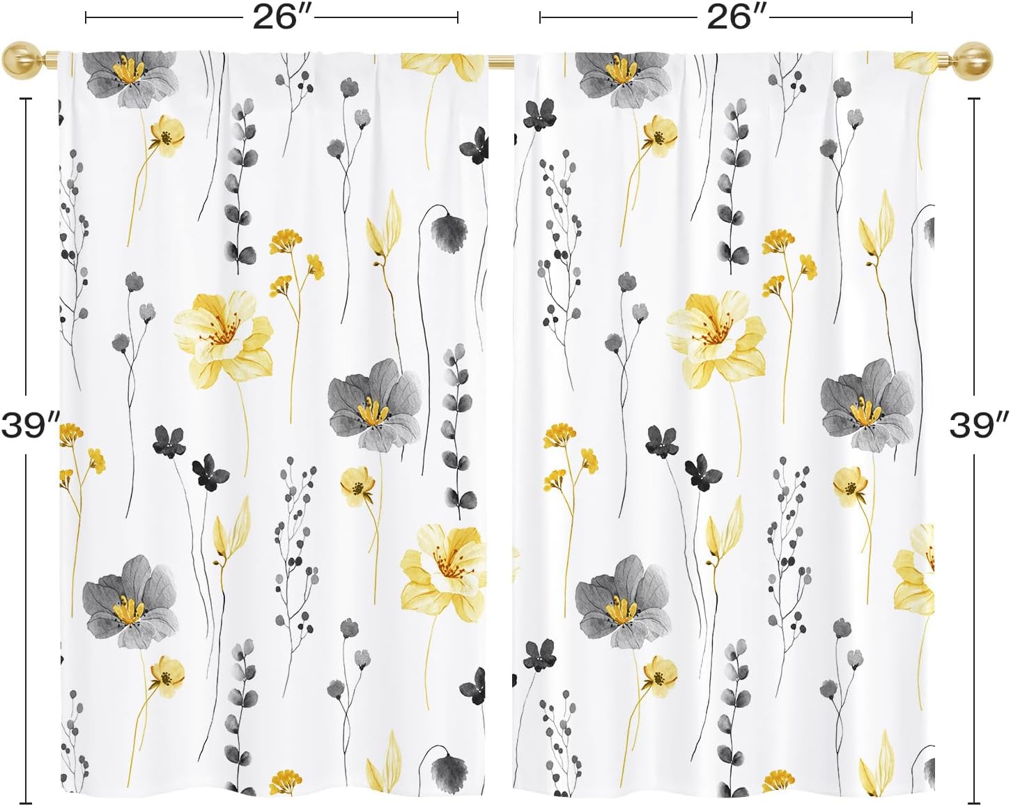 Gibelle Boho Floral Kitchen Curtains 26" W x 39" L, Small Short Cafe Curtains, Non Slip Bath Mat, Bathroom Set Accessories, 17" W x 24" L