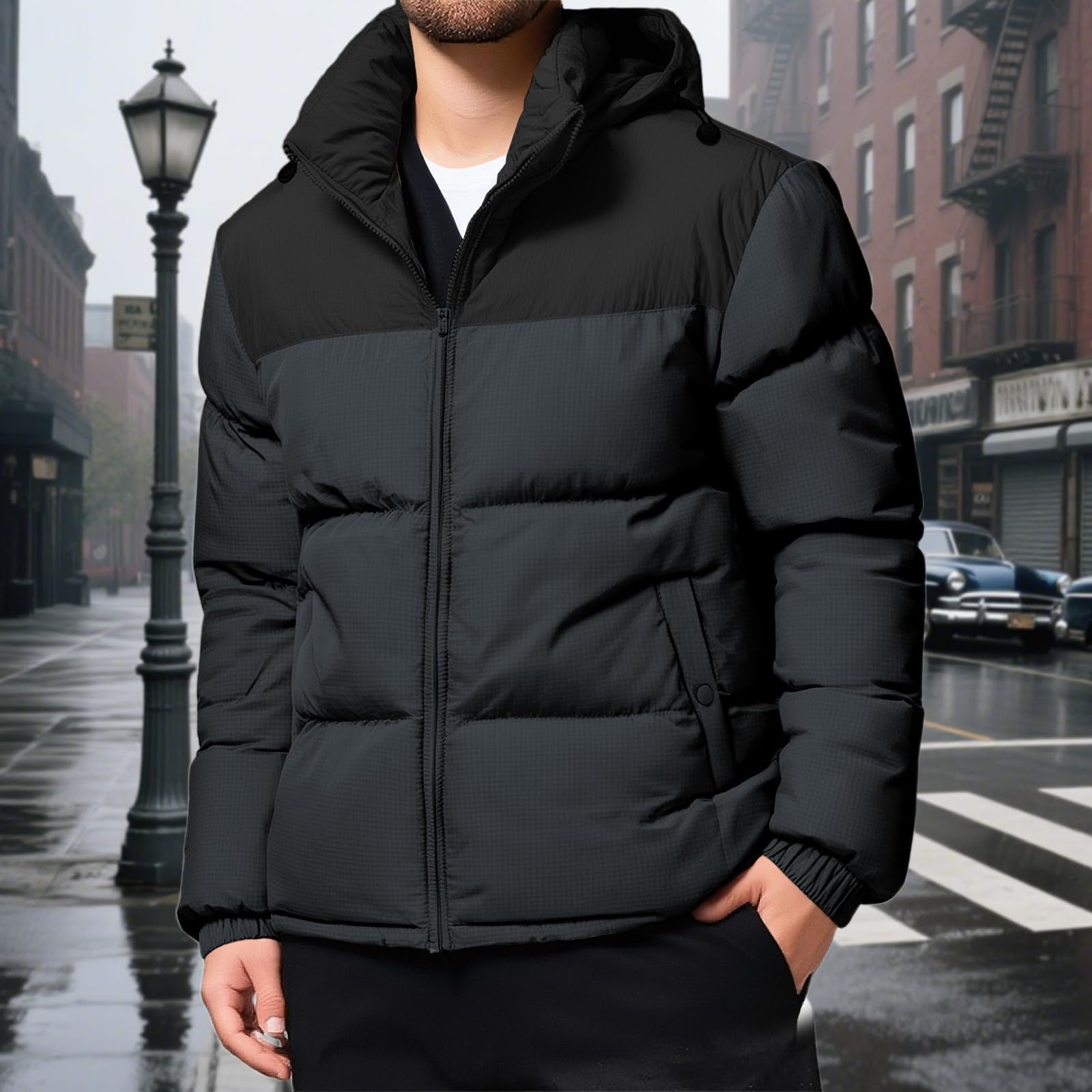 Generisch Cappotto a soffietto da uomo, tinta unita, con colletto alto, piumino ispessito, giacca invernale calda, trapuntata, leggera, con tasche, per autunno e inverno