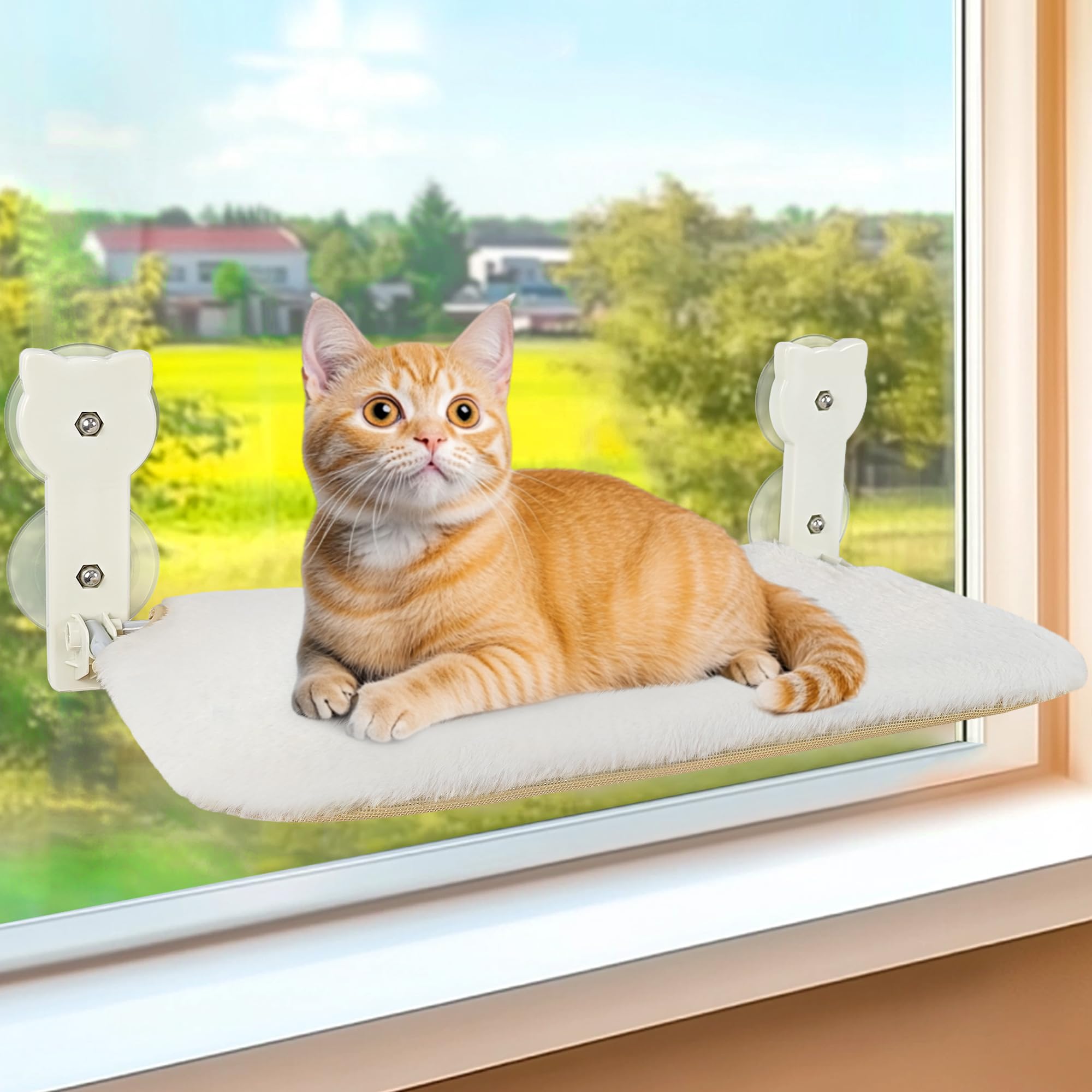 Peyela Cat Window Perch, Cat Window Hammock with Powerful Suction Cup,Sturdy Metal Frame Window Seat for Cats for Kitty,Foldable Reversible Soft Furry Cover Cushion Bed