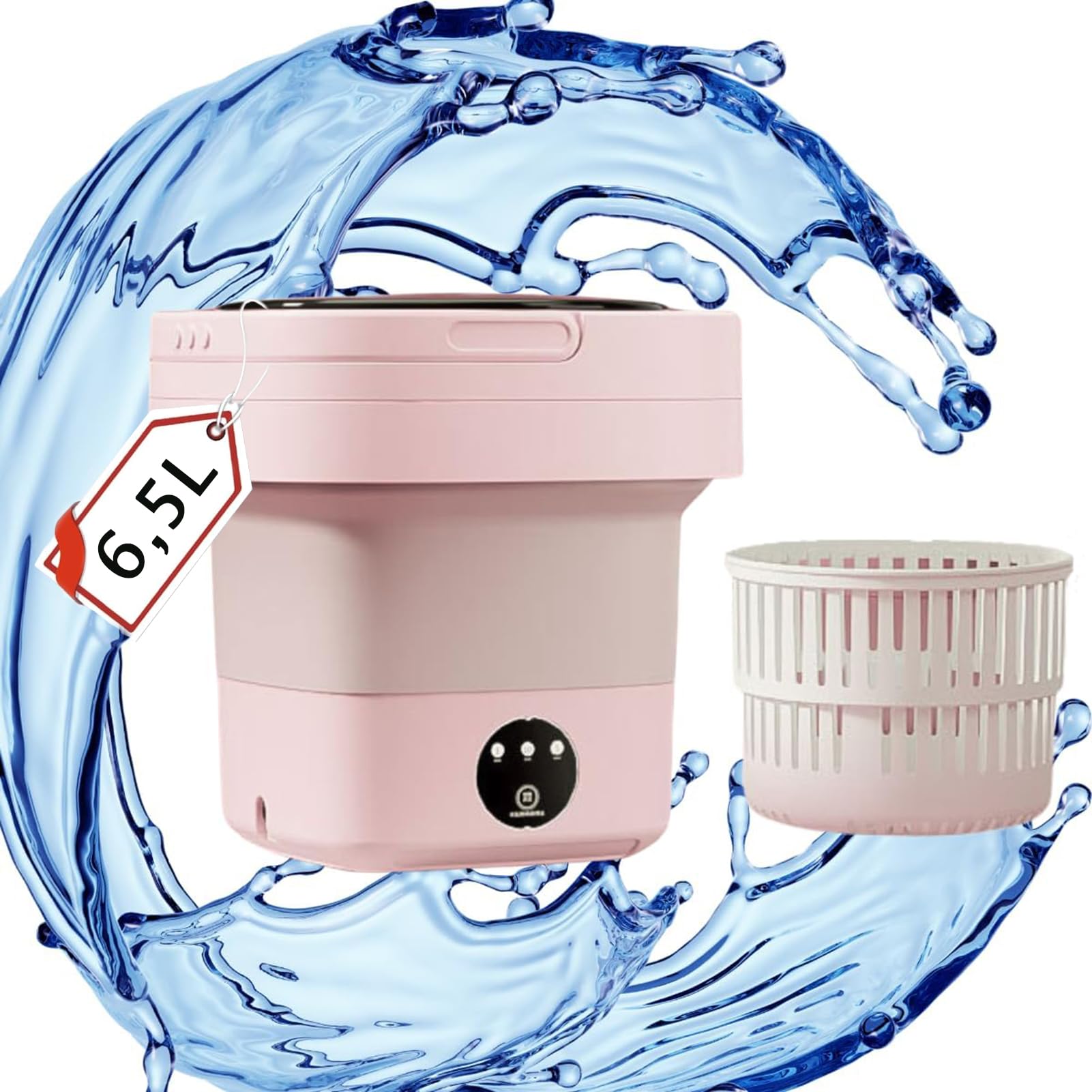 Mini lavadora portátil de 6,5 l, portátil, plegable, portátil, con secadora centrifugadora, suave y cubo para el hogar, dormitorio - enchufe europeo adaptado (rosa)