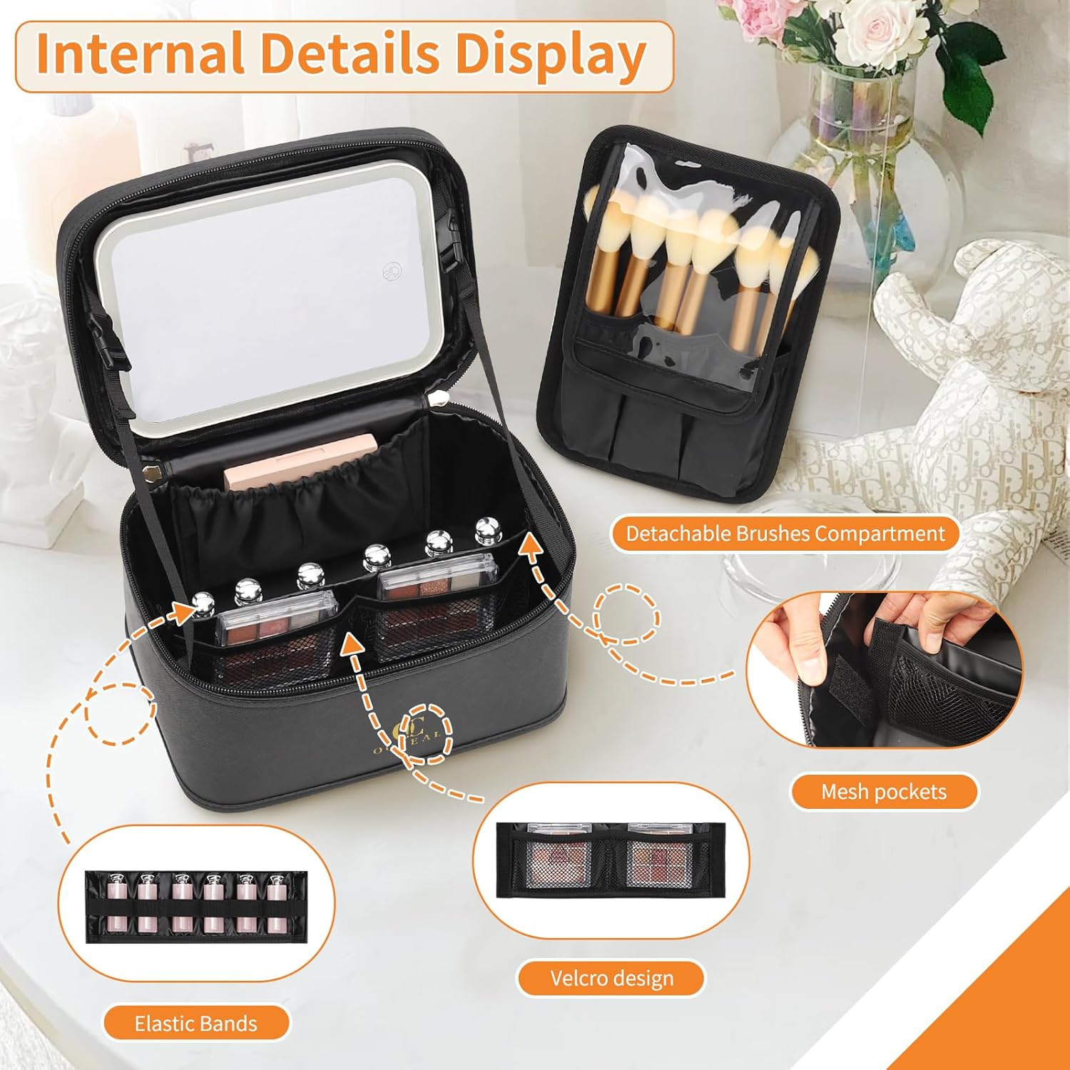 OCHEAL Makeup Bag With LED Mirror, Travel Makeup Bag With 3 Color Setting Light Up Mirror Cosmetic Makeup Organizer Vanity Case for Women Beauty Tools Accessories Rechargeable Makeup Travel Bag-Black 001_Black with mirror