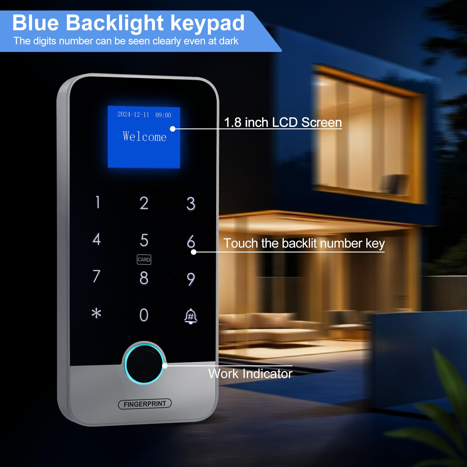 Sistema di controllo accessi con impronta digitale, tastiera RFID impermeabile con alimentatore 12V DC/3A, pulsante di blocco porta, 10 portachiavi.