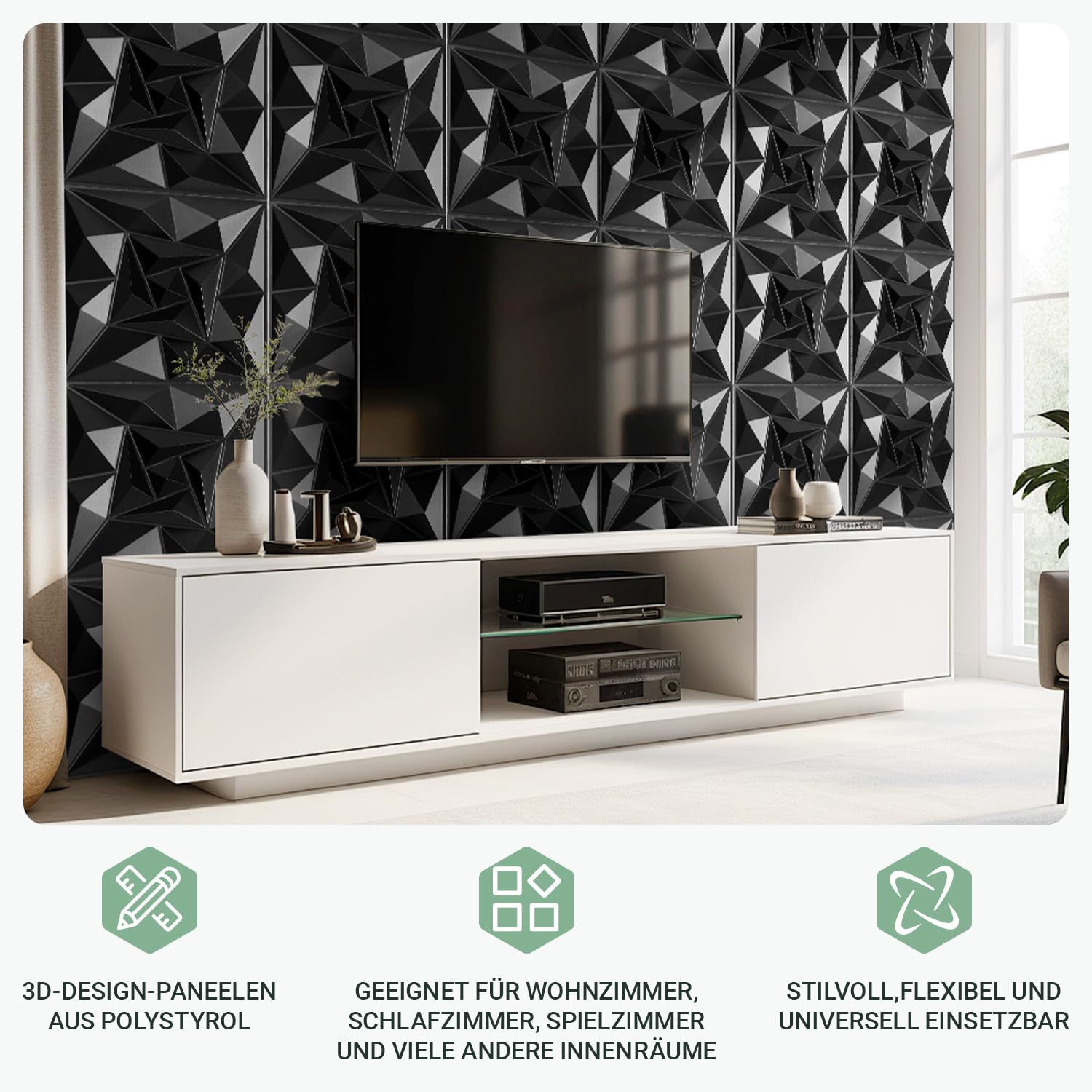 Panele ścienne 3D 30 x 30 cm, kwarc czarny, 24 sztuki (2,16 m²)