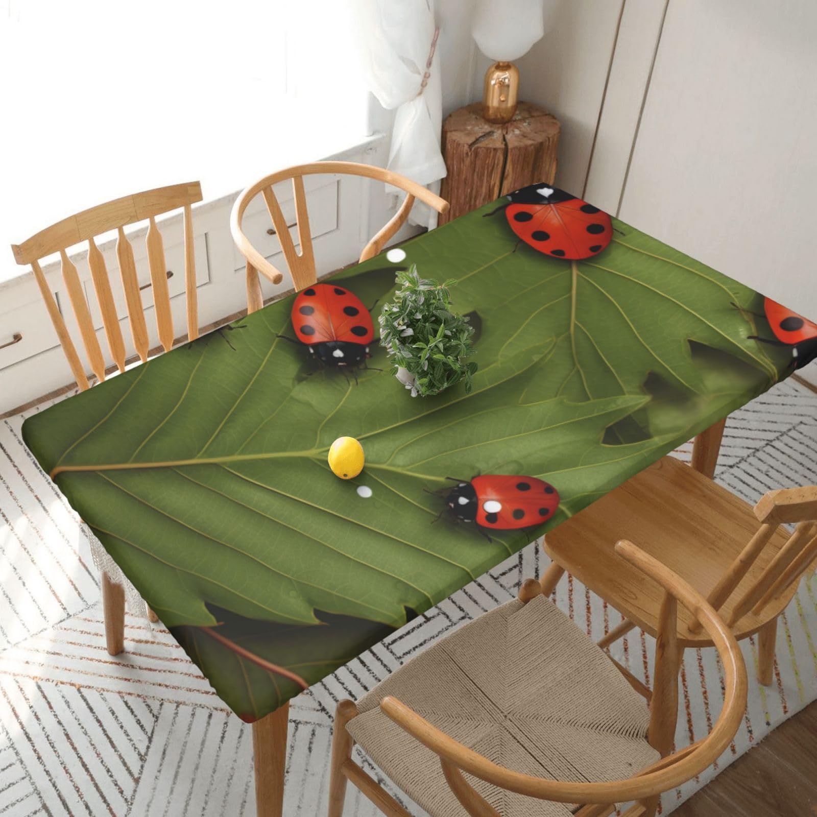 WPKJU Leaves and Ladybugs Printed Tablecloths 5ft Rectangular Table Covers Washable Polyester Decorative Table Cloth for Dining Table Picnic Wedding