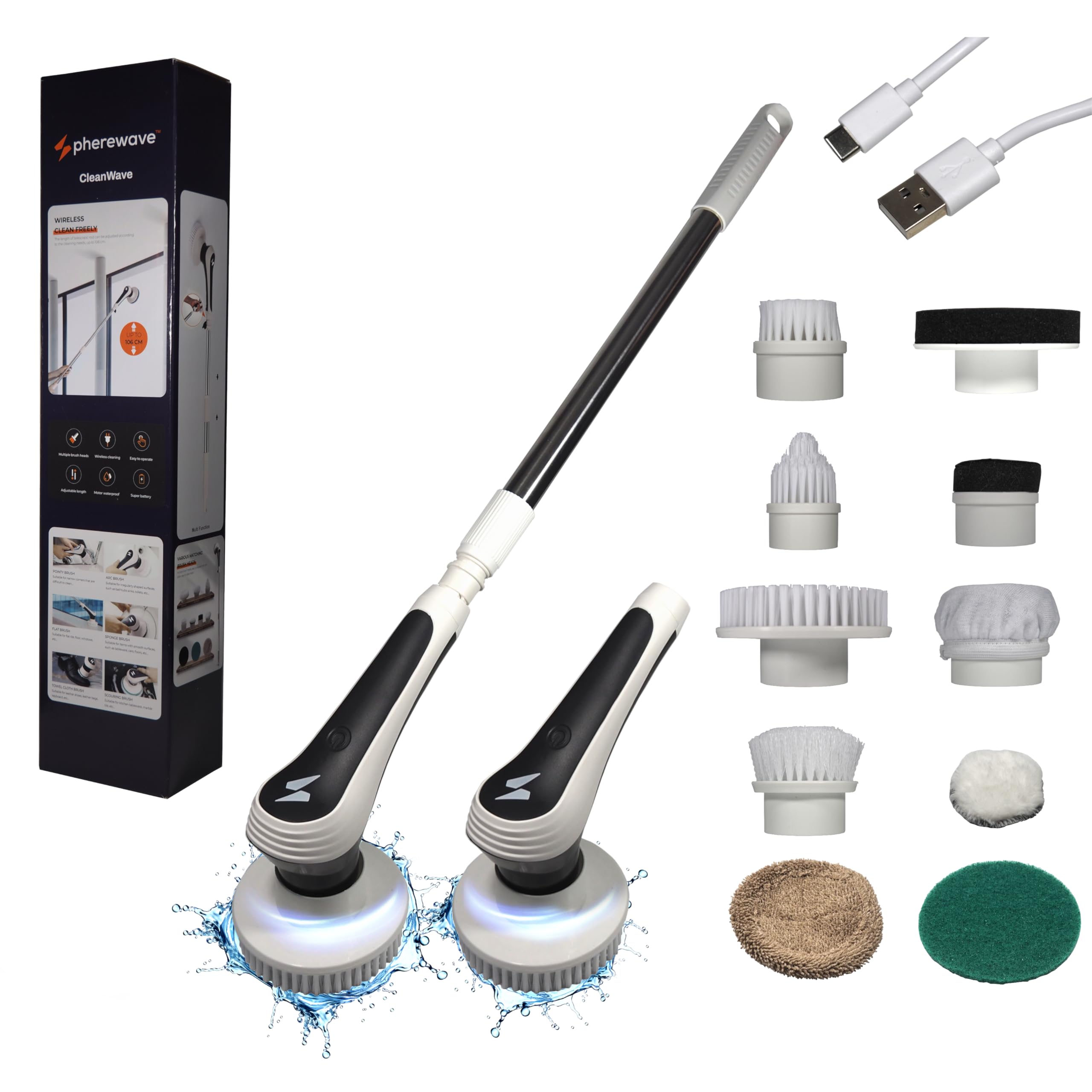 CleanWave Cordless Electric Spin Scrubber with 10 Replaceable Brush Heads - USB-C Rechargeable - IPX7 Waterproof - Multipurpose Power Cleaning Brush with Extendable Handle