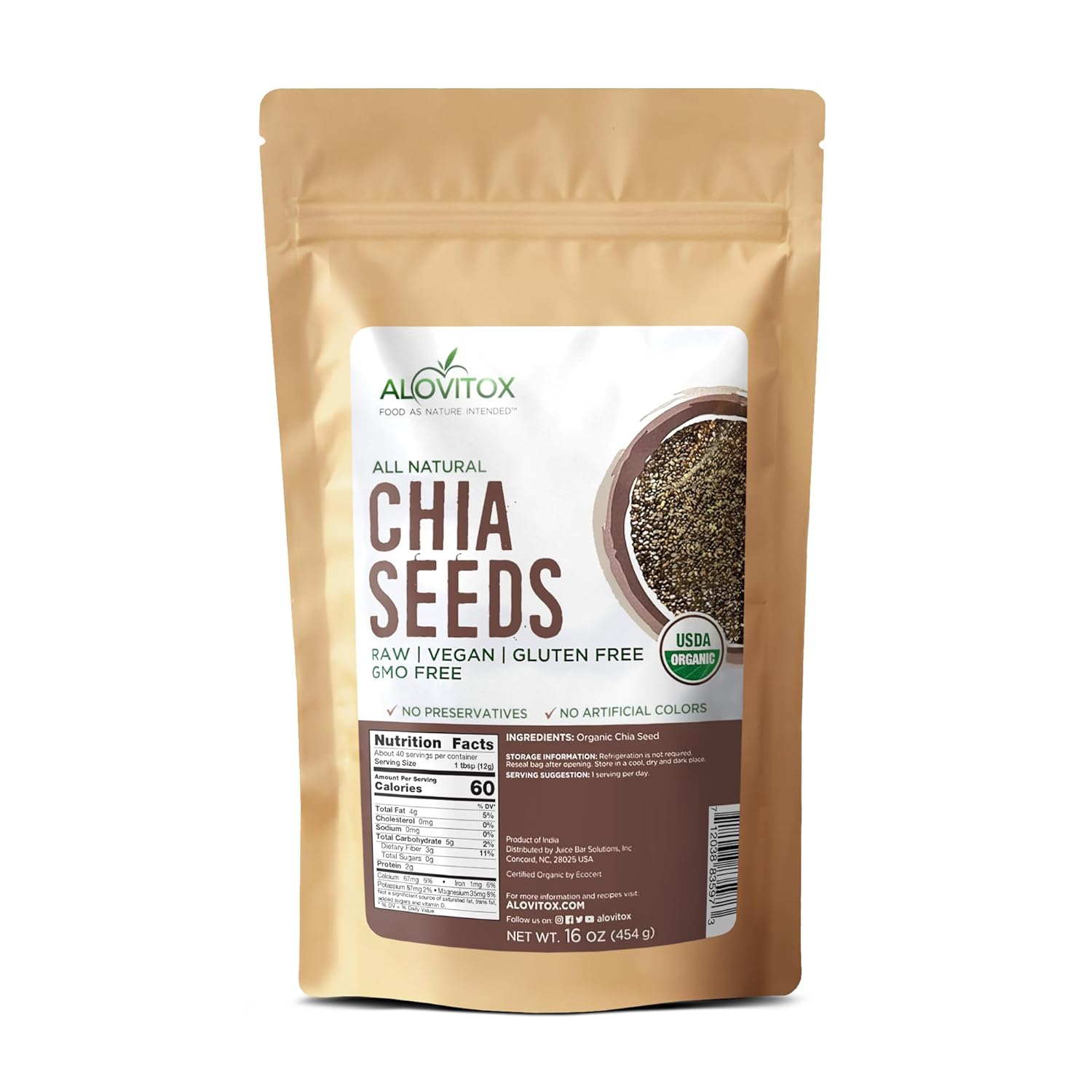 Alovitox Premium Black Chia Seeds, 16 Oz, Organic Non-GMO, Raw, Vegan, Gluten Free, USDA Certified