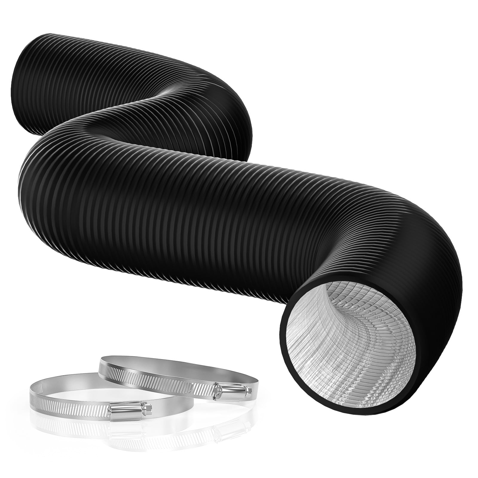 ATOM NEXUS Flexible 8-Inch 25-Feet Long Aluminum Ducting, 4-Layer Protection Heavy-Duty Dryer Vent Hose for Heating Cooling Ventilation and Exhaust, with 2 Duct Clamps