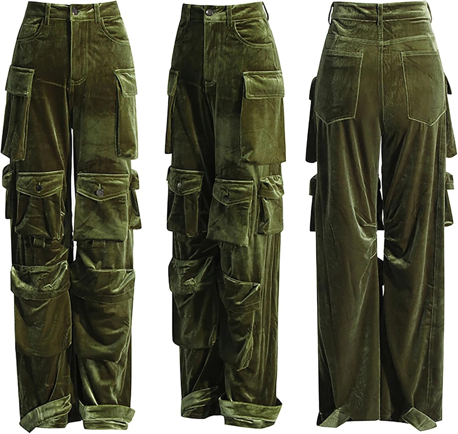 LKOUS Women's Velvet Cargo Pants Stretchy High Waist Straight Leg Casual Baggy Solid Y2K Trousers with Multiple Pockets - Image 6