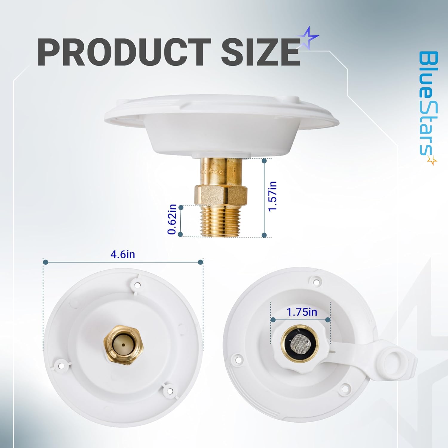 BlueStars RV City Water Inlet with Check Valve – 3/4" NH Female to 1/2" NPT Male – Lead-Free Brass RV Fresh Water Fill Inlet Replacement - Flush-Mount White Flange - Includes Screws & Teflon Tape