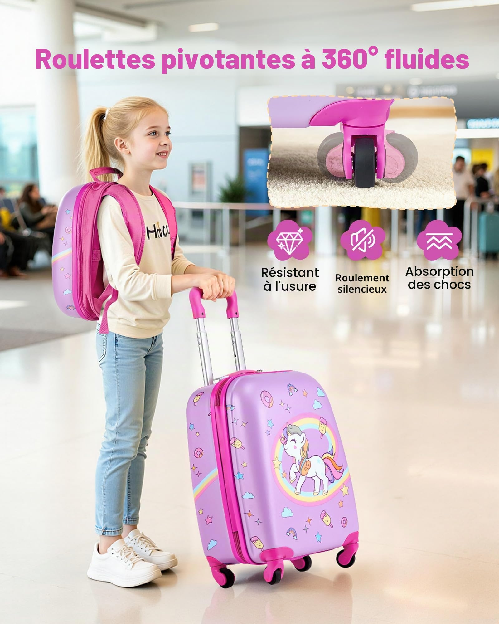 VEVOR Valise Enfant 32x23x45 cm Bagage Enfant 2 PCS avec Valise Cabine à roulettes Pivotantes pour Enfants Fille Garçon et Sac à Dos Coque Rigide Motif Licorne, Approuvée par Compagnies Aériennes