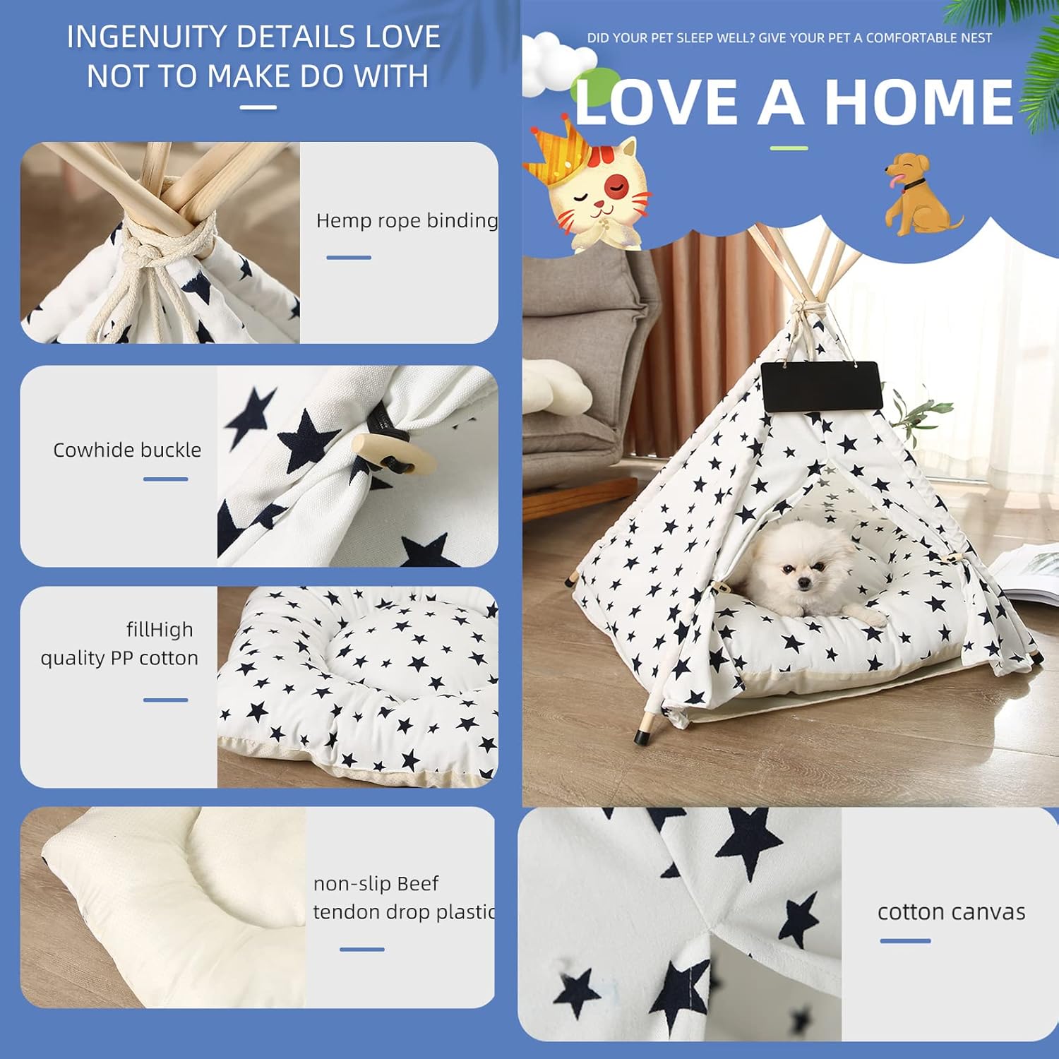 Pet Teepee, Folding Indoor Puppy Dogs House, Portable Outdoor Dog House Cat Tent Bed, Rabbits Pet House (Retro, 15.7"x15.7"x19.7")
