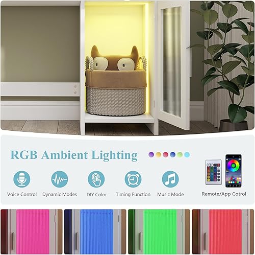 Miniatura 7 de Hadulcet Escritorio de tocador con espejo y luces, tocador de maquillaje con toma de corriente, tocador LED con cajones RGB y gabinete, 10 estantes