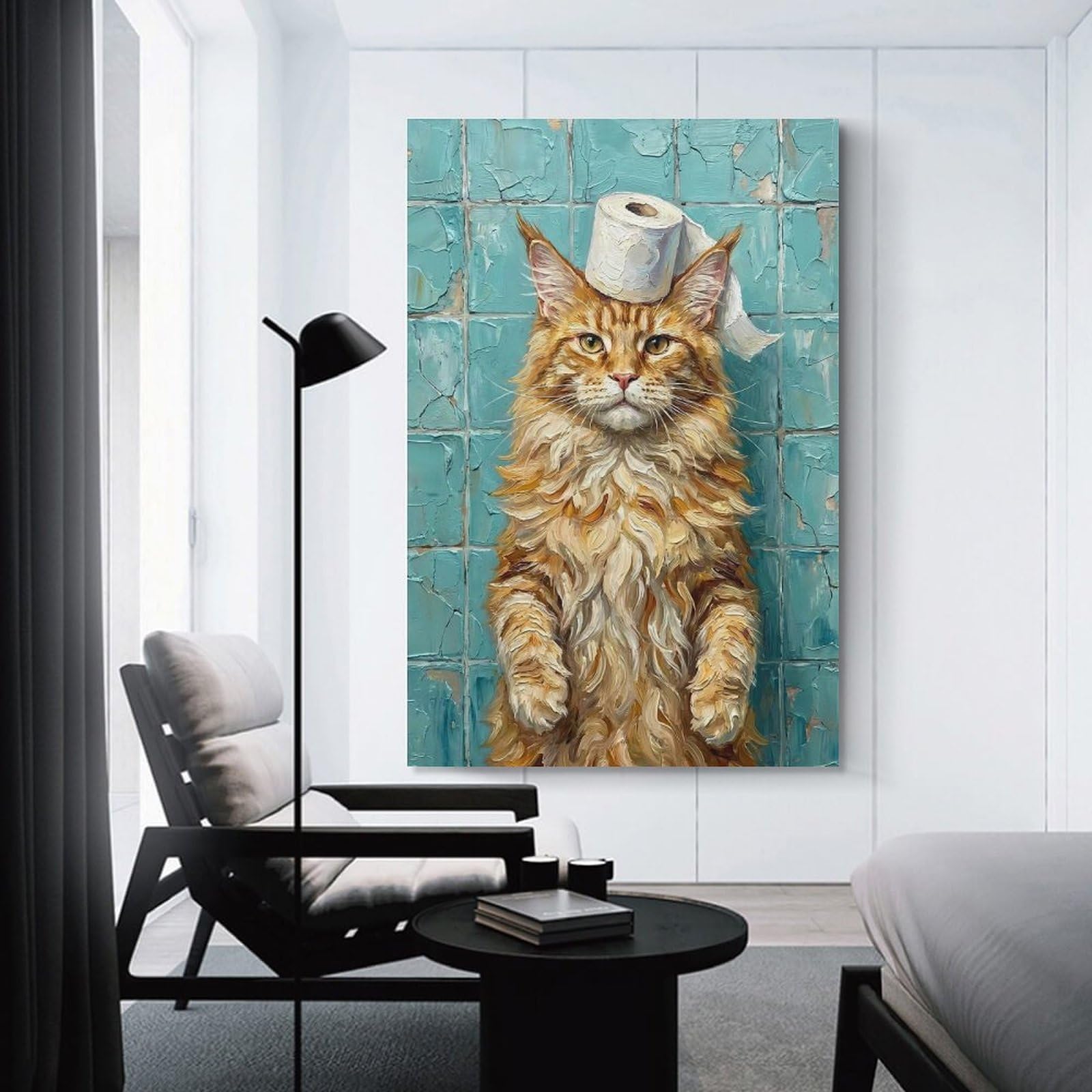 Junmoney Unframe-Style-4 Maine Coon Cat With Toilet Paper Decorative Wall Artwork, 16X24inch(40X60cm), For Living Spaces, Bedrooms Or Relaxed Rooms, Modern Wall Decor For Cosy Interiors