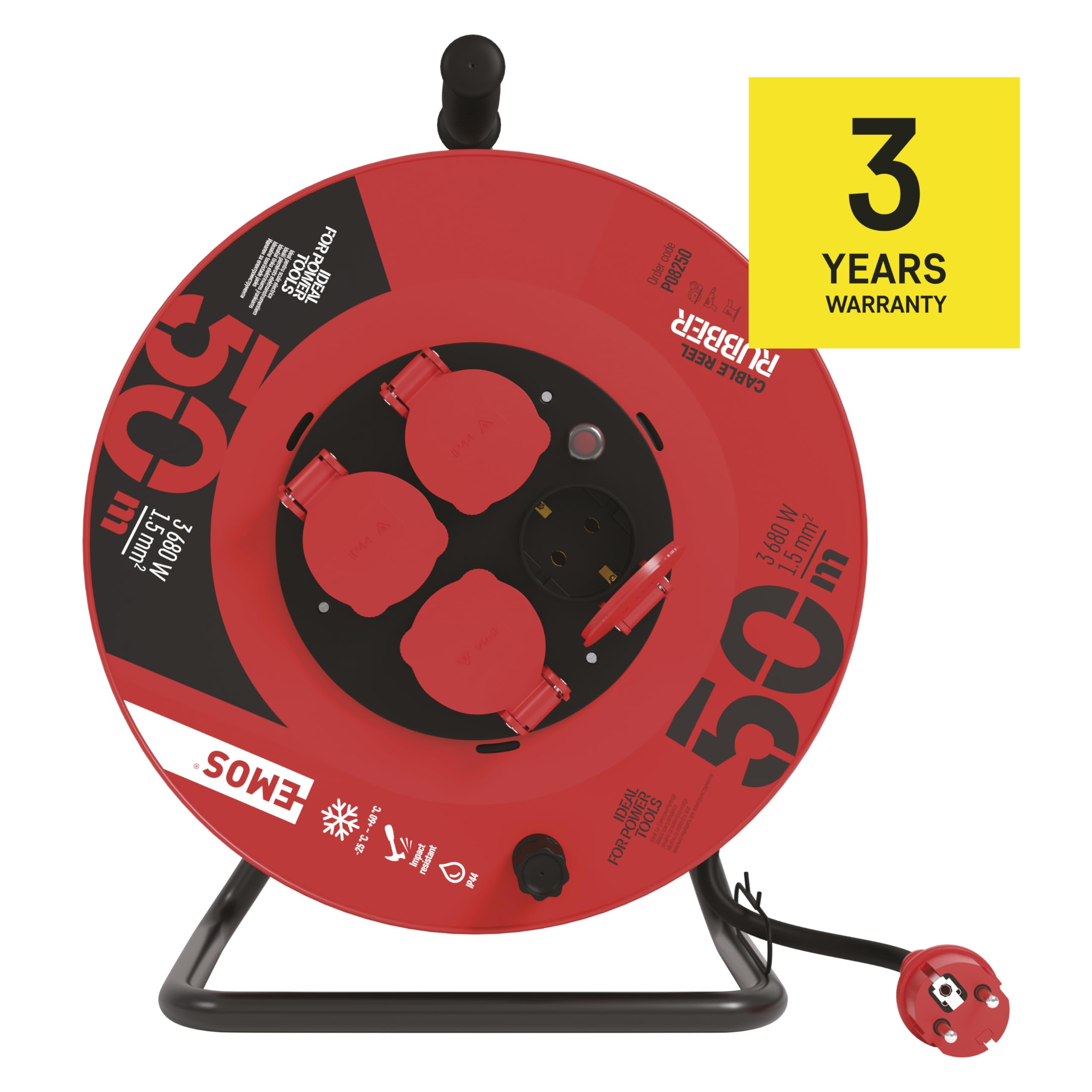 EMOS - Kabeltrommel 50m - 4 Schuko-Steckdosen - wasserdicht, schlagfest, hitze- & kältebeständig - 230V, 16A, 3680W - Gummi-Isolierung - H05RR-F3G 1,5 mm2 - IP44 für Außenbereich