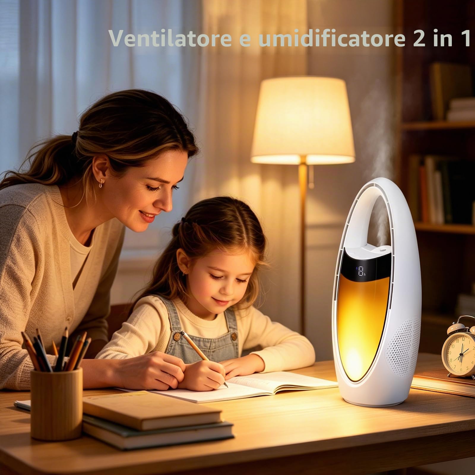 Ventilatore a Torre 35cm, Portatile senza fili da 4000 mAh Ventilatore da Tavolo con umidificatore e 9 livelli di velocità, luce notturna, timer, oscillazione di 70° per camera da letto, ufficio, casa