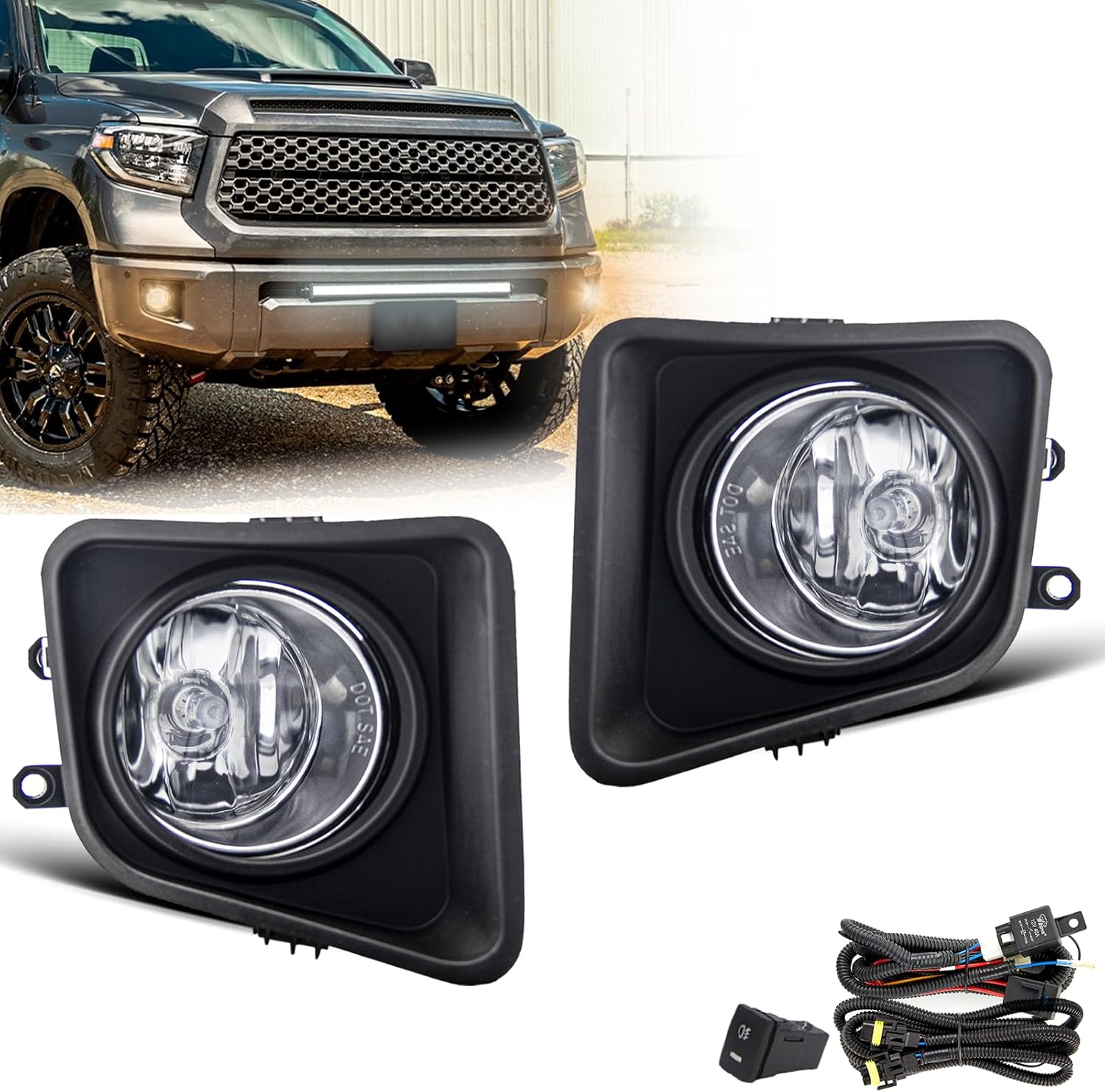 Fog Lights Assembly for 2014 2015 2016 2017 2018 2019 Toyota Tundra Replacement Kit with Wiring and Switch H11 12V 55W Halogen Bulbs(Clear Lens)