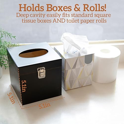 Miniatura 4 de Caja de pañuelos cuadrada negra  Soporte de caja de pañuelos de madera con interruptor de metal retro, soporte de papel higiénico, accesorios de