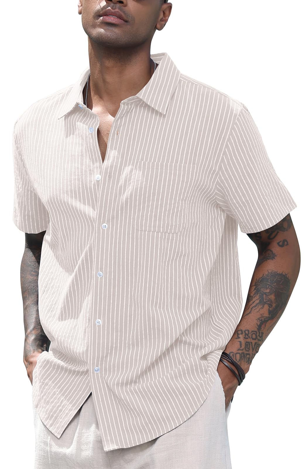 CTU Camisas de lino para hombre, camisas de algodón de manga corta, camisa de rayas con botones para el tiempo libre, camisa de playa de verano