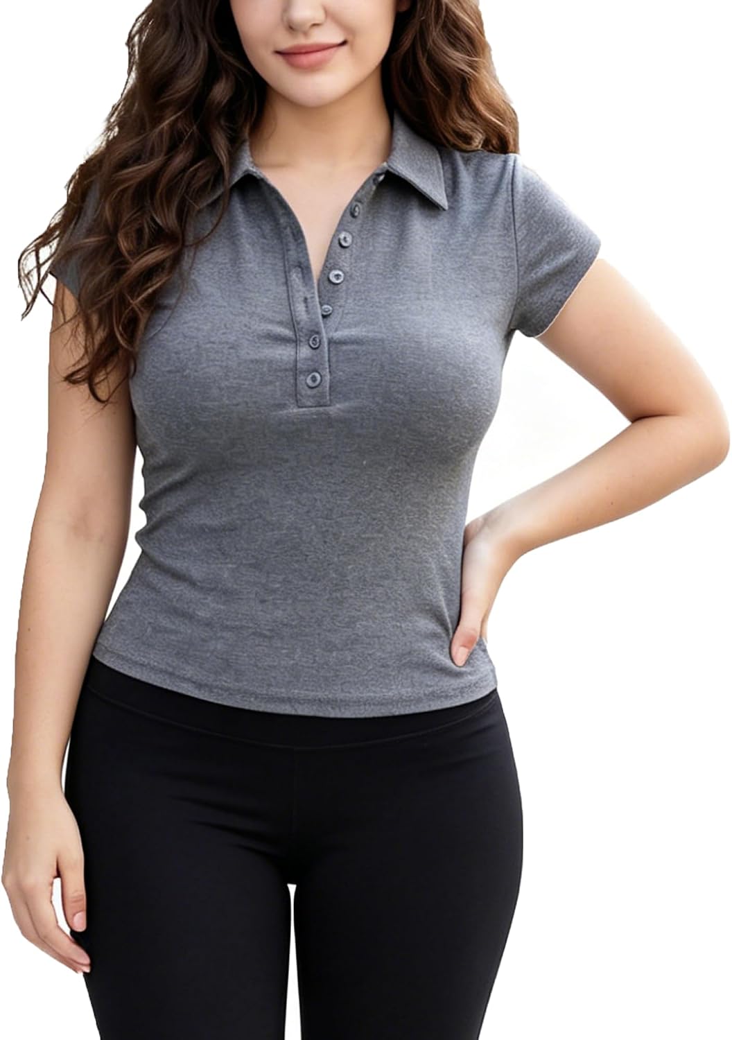 Women's Cropped Polo Shirts Summer Collared Button Up V Neck Fitted Basic Tees Casual Business Work Tops