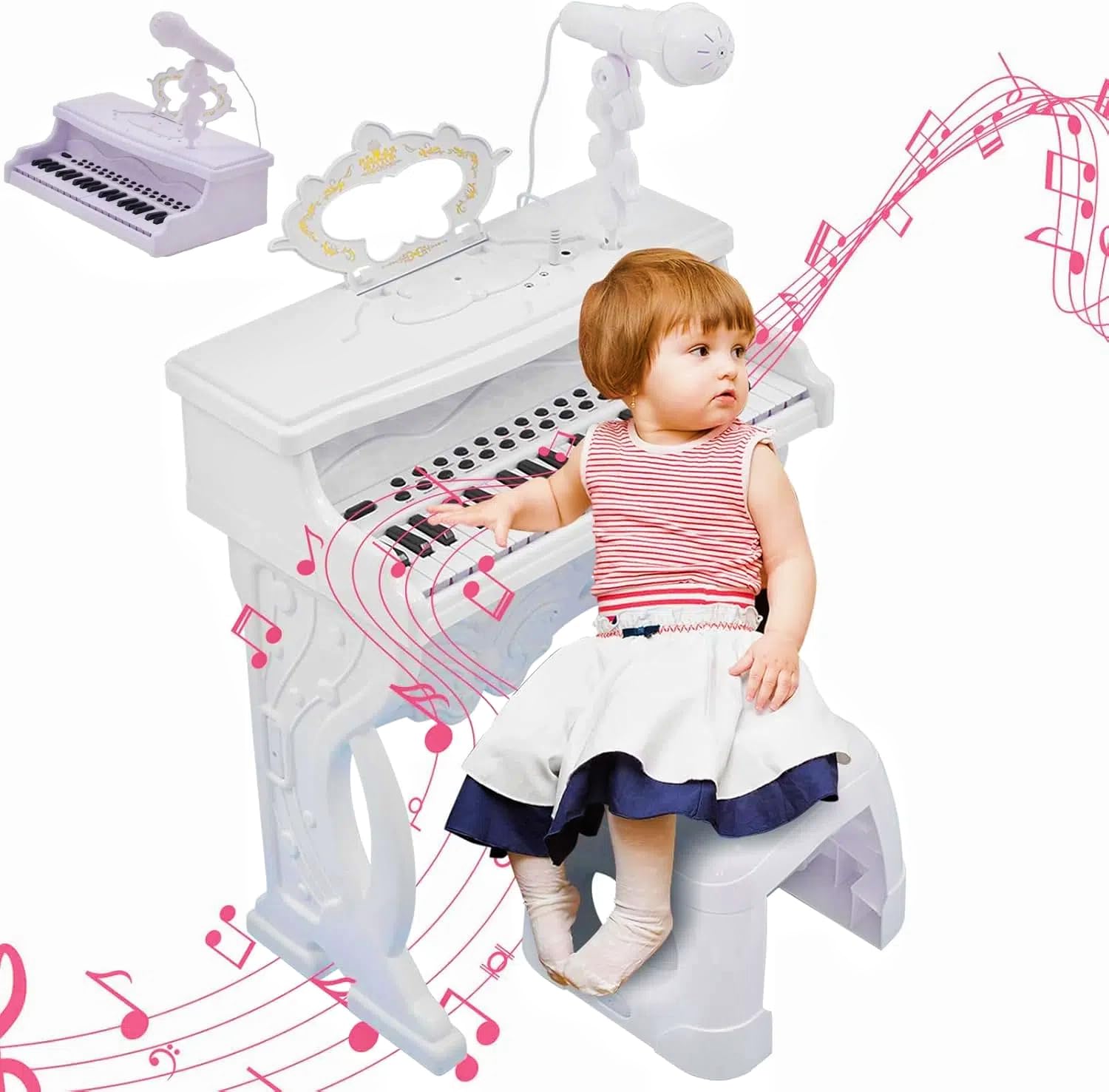 Forroby Kids Piano Keyboard,Toddler Mini Keyboard Stand and Stool Set with Microphone,Kids Portable Musical Instruments Portable,Learning Toys,Birthday Gifts for 2 3 4 5 Year Old Girls Boys,White