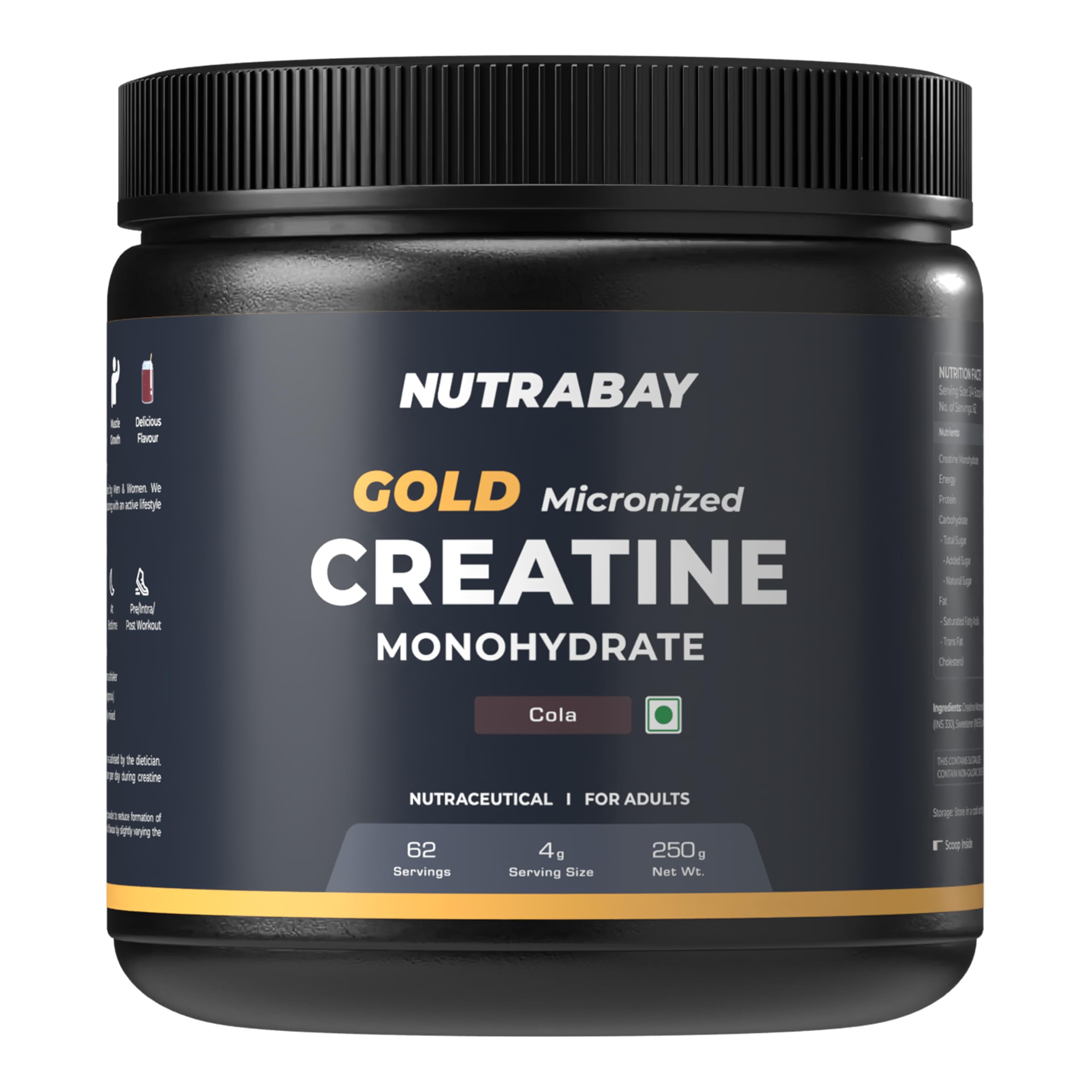 Nutrabay Gold Micronised Creatine Monohydrate Powder 3000mg Creatine per Serving, NABL Lab Tested – Increases Muscle Mass, Strength & Power – Pre/Post Workout Supplement – 250g, Cola