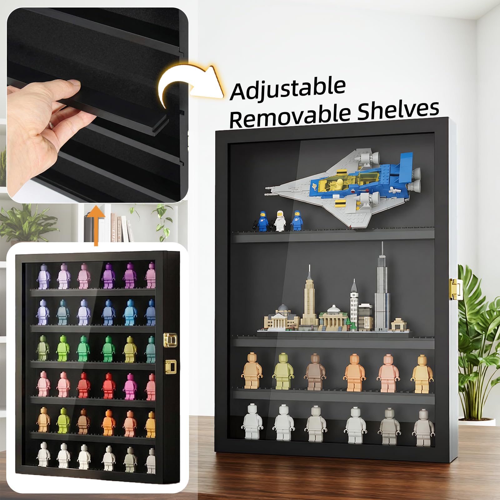 TJ.MOREE Minifigure Display Case 6-poziomowy, ścienny uchwyt na ścianę, drewniane półki na przedmioty kolekcjonerskie, czarne mini zabawki Showcase Cabinet 42,4 x 31,3 x 5,4 cm