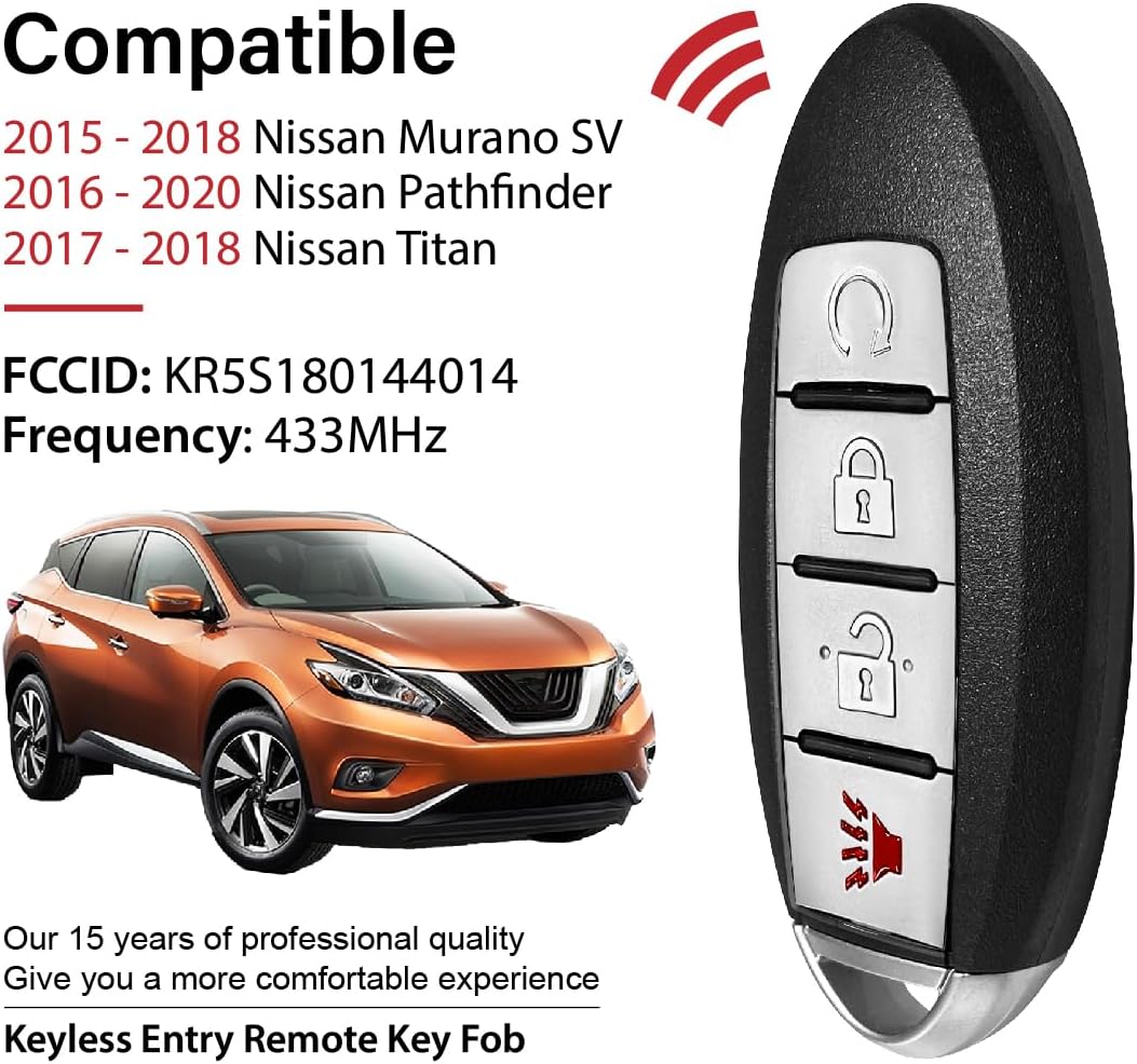 2 Keylessbest Replacement for Nissan Pathfinder Murano SV Titan Key Fob Remote Control 2017 2018 2019 2020 4 Buttons 433MHz KR5S180144014,Black