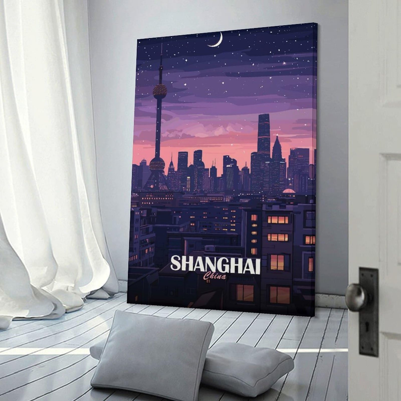 Junmoney Shanghai China Cityscape at Night Wall Art Print, 24x36inch(60x90cm), for Wall Displays, Bedrooms Or Room Updates, A Versatile Canvas Print for Layering
