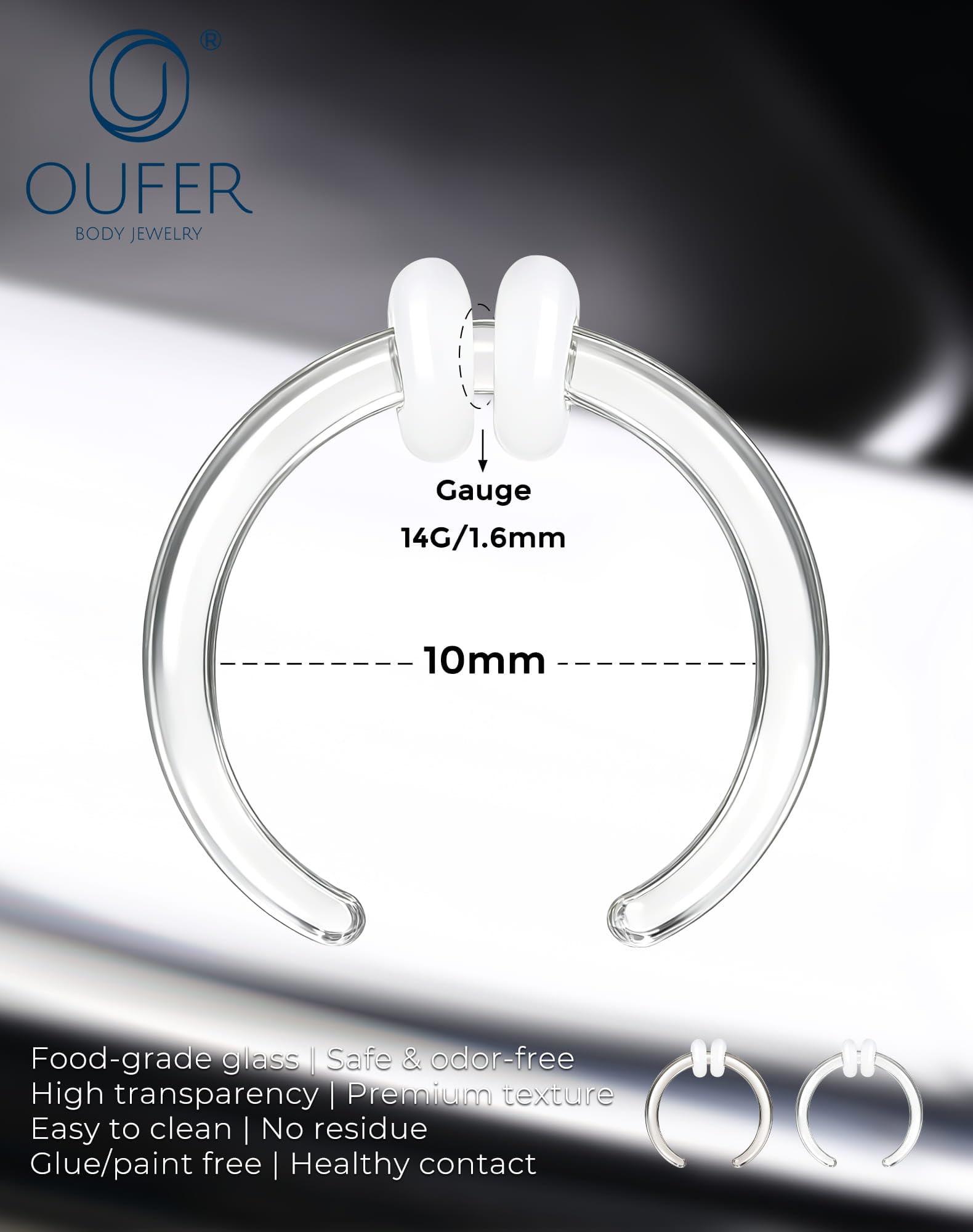 OUFER Body Piercing Septum Hoop: C Shape Glass Pincher Tapers Stretching Piercing Jewelry Nose Gauge Earring Nipple Rings 14G Women Men — view 2