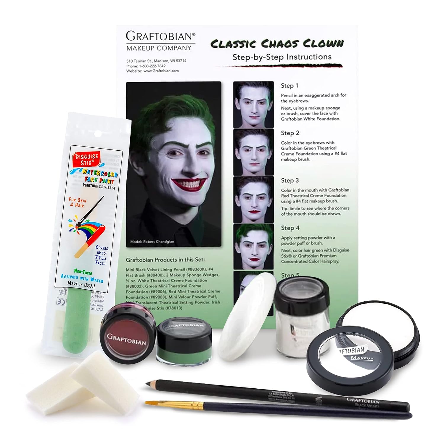 Graftobian Classic Chaos Clown Makeup Kit - Complete 10-Piece Set for Scary Jester or Clown Costume - Standard Face Paint with Full Color Instructions Included, Perfect for Cosplaying and Halloween