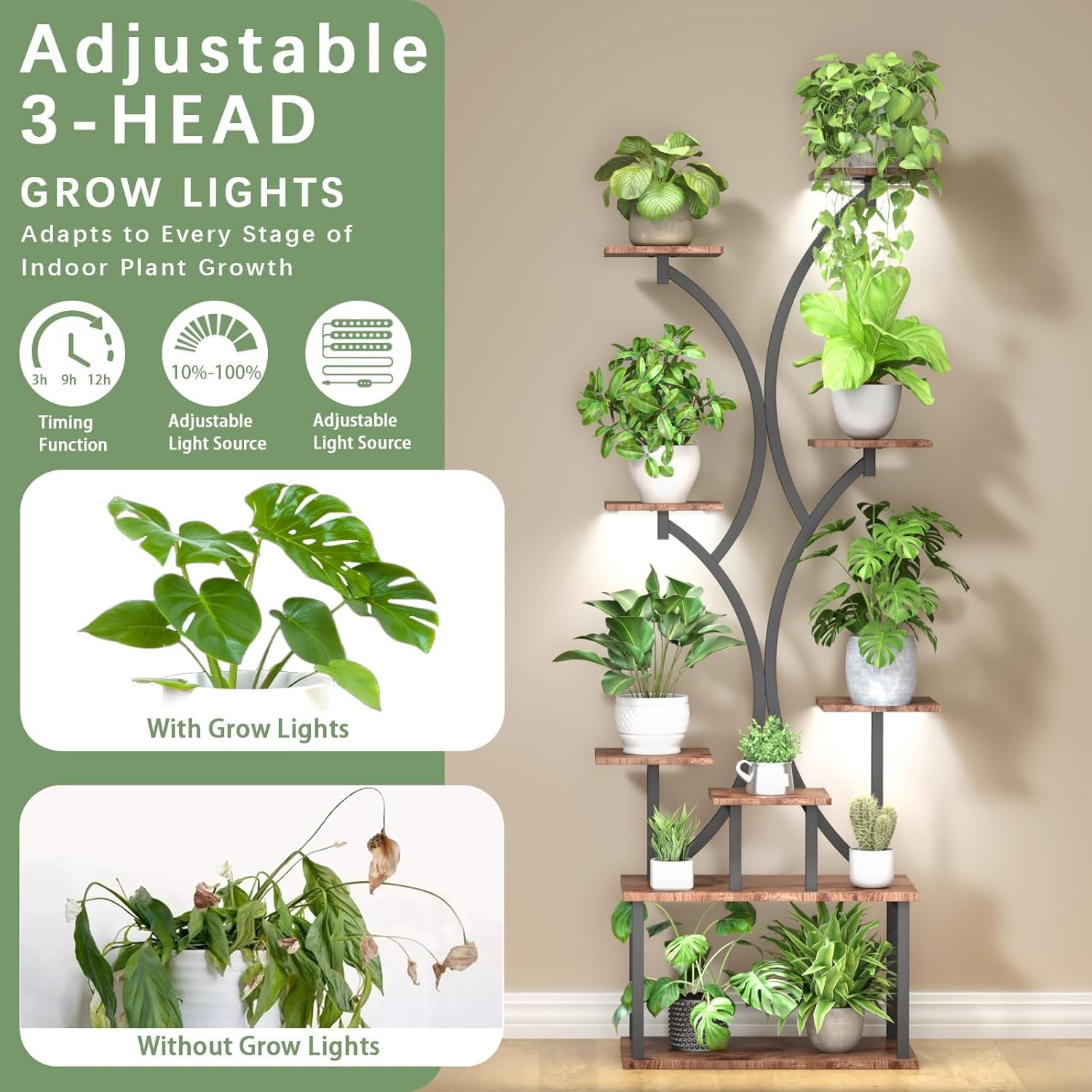 Condition photo showing New/Like New for refgy 65 inch plant stand indoor with grow lights, 9 tiered metal plant stands indoor, tall plant shelf for multiple plants, for living room, patio balcony or office (rustic brown)