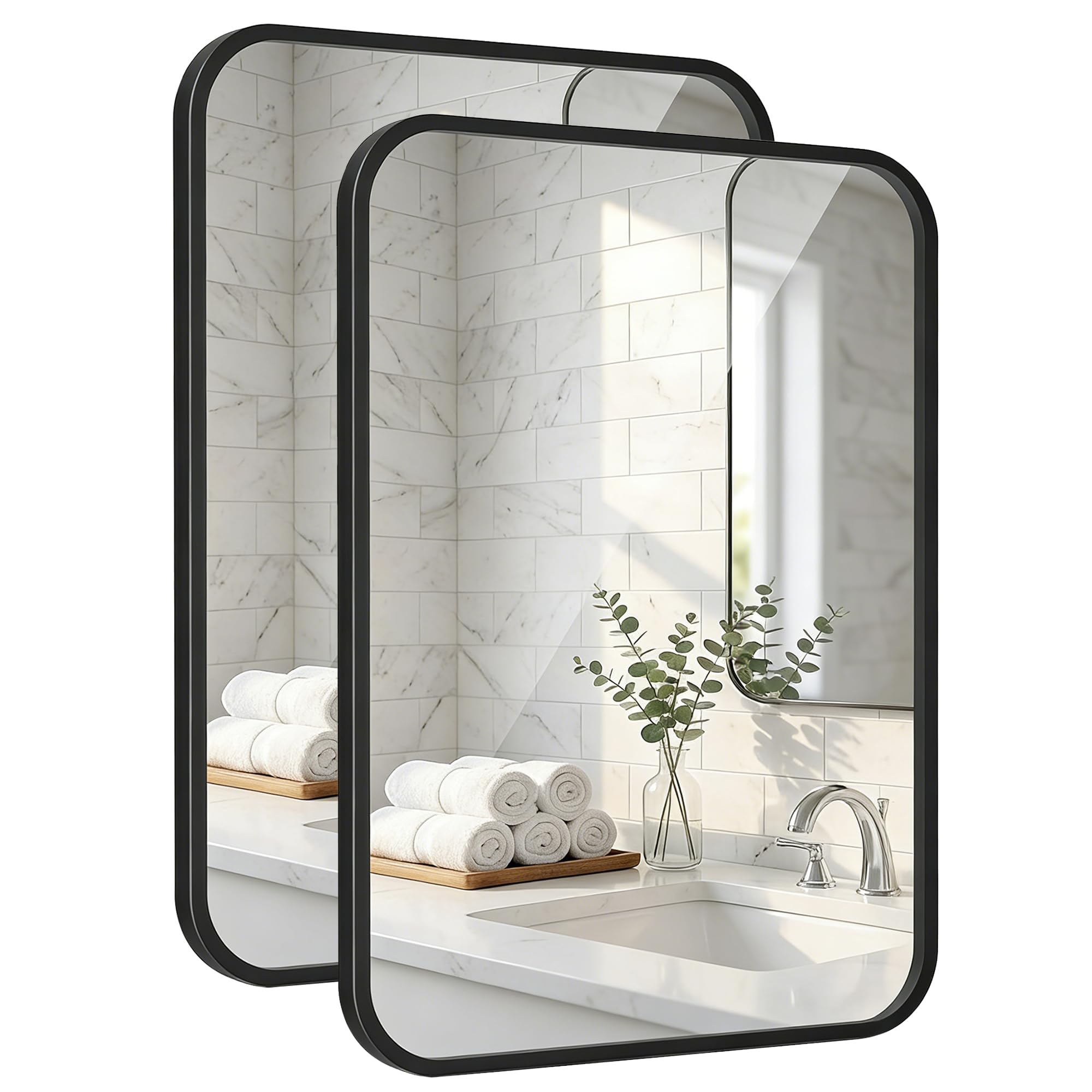 Pocetry 2팩 55.9x76.2cm(22x30인치) 매트 블랙 둥근 직사각형 화장대 거울 | 이중 화장대 또는 욕실 2개, 한 쌍 또는 별도 사용, 철제 프레임, 레이어드 섀도우 박스 룩, 양방향 마운트
