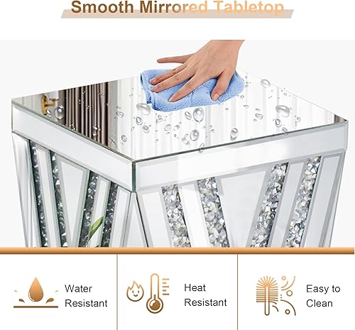 Miniatura 5 de Pregaspor Mesa auxiliar plateada con espejo, hermosa mesa auxiliar con incrustaciones de cristal, pequeña mesa auxiliar con espejo para sala de