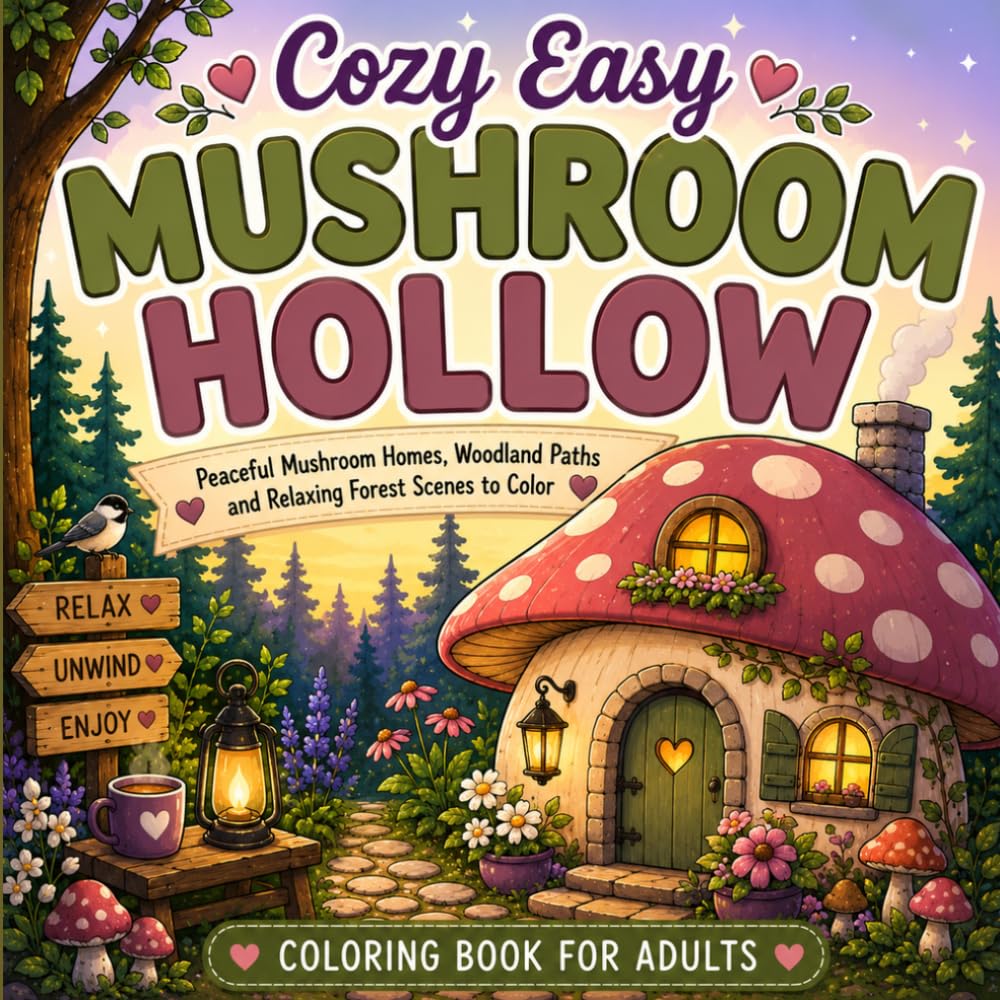 Cozy Easy Mushroom Hollow: A Peaceful Woodland Coloring Book with Mushroom Homes, Cozy Forest Living and Relaxing Scenes