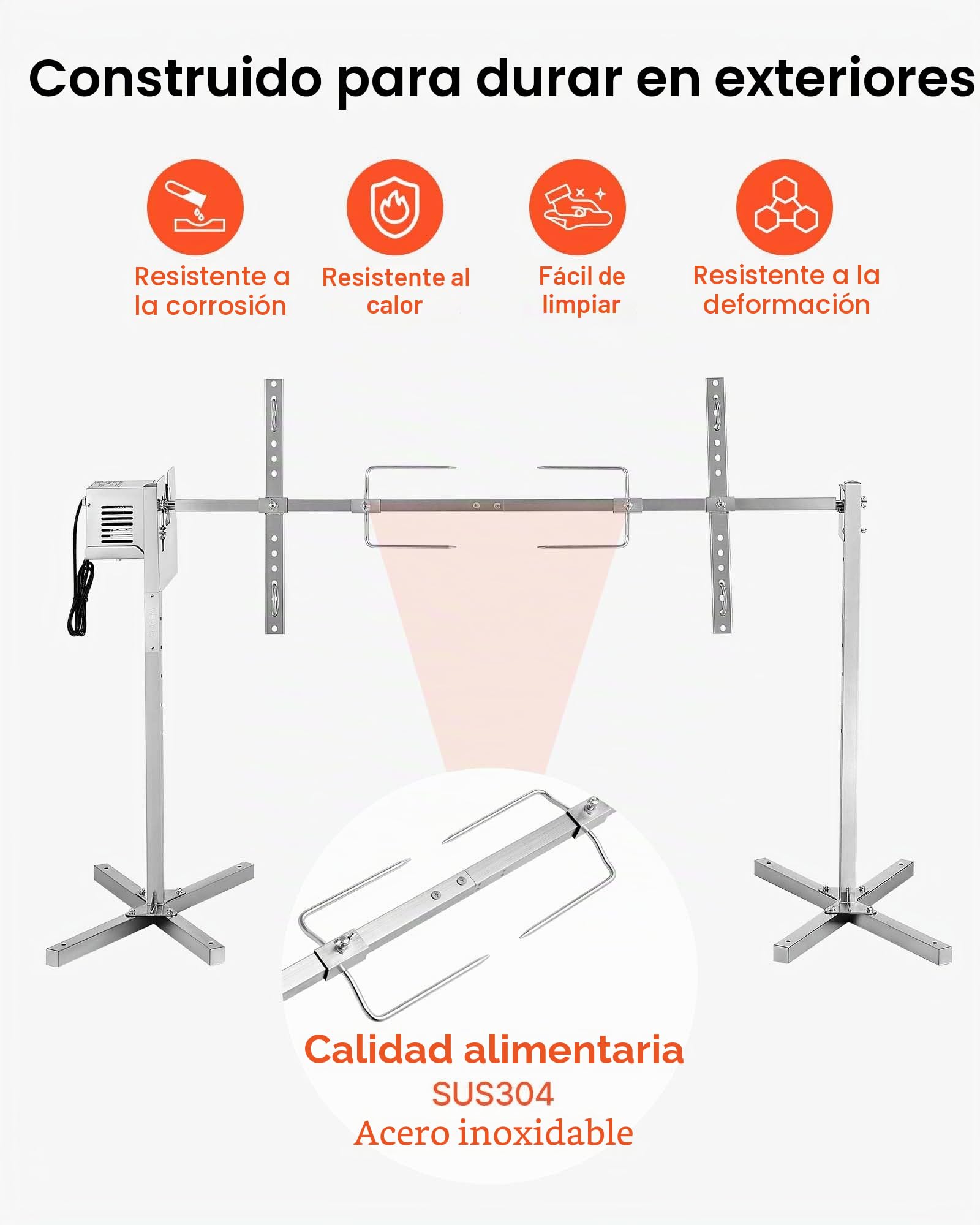 VEVOR Asador Giratorio Eléctrico 8 Niveles de Altura, Capacidad de Carga de 40 kg, Motor de 38 W, Acabado en Acero Inoxidable, Rotación Suave de 360°, Parrilla para Fiestas, Acampadas, Barbacoas