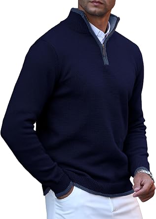 Mens Quarter Zip Pullover Sweatershirt Lightweight Polo Casual Knit Sweaters for Men