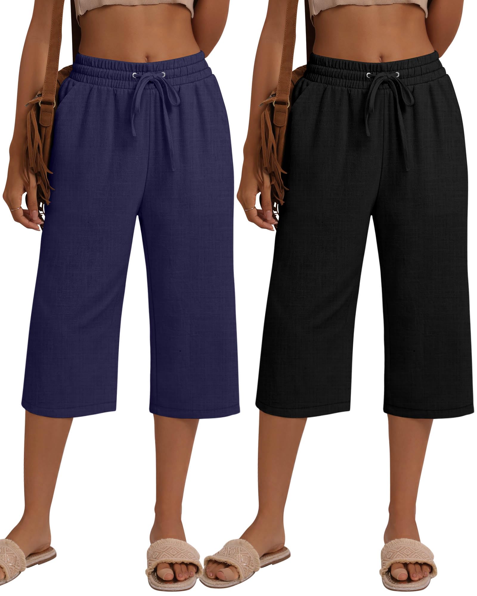 Neer 2 Pack Womens Linen Capri Pants Basics Wide Leg Casual Loose Drawstring Elasticated Beach Capris Pant with