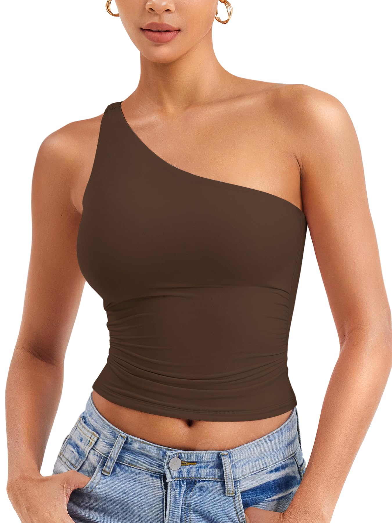 ZAAYO Damen One Shoulder Tank Tops Schulterfrei Oberteil Y2K Slim Fit Crop Top Sexy Sommer Tops Double Lined Sleeveless Cropped Tee Shirt