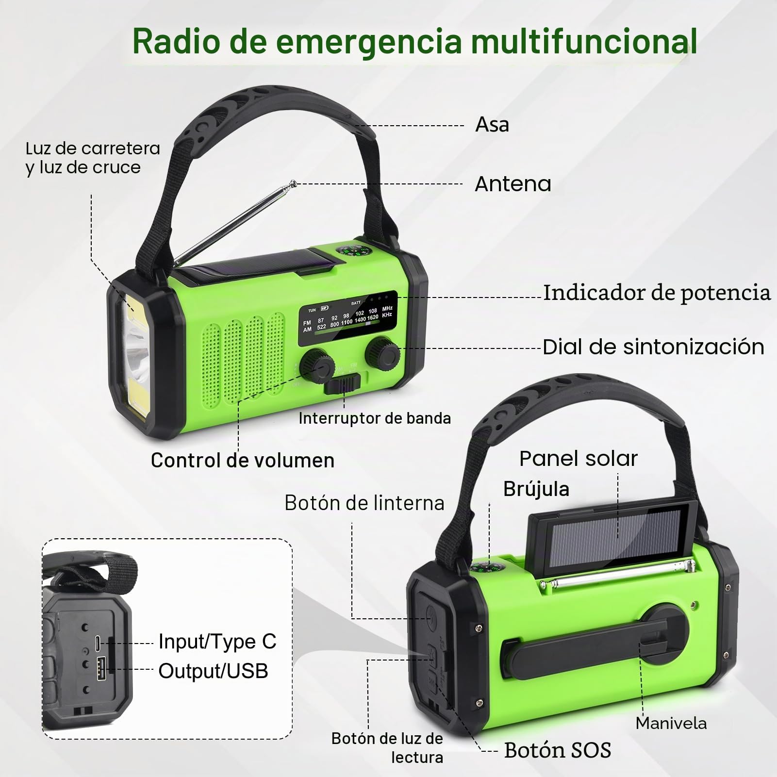 Radio Solar portátil de 10000 mAh, Radio de Emergencia Am/FM con batería Recargable de 10000 mAh, Linterna LED de 3 Modos, lámpara de Lectura LED, Alarma SOS, Dinamo de manivela y Puerto USB para