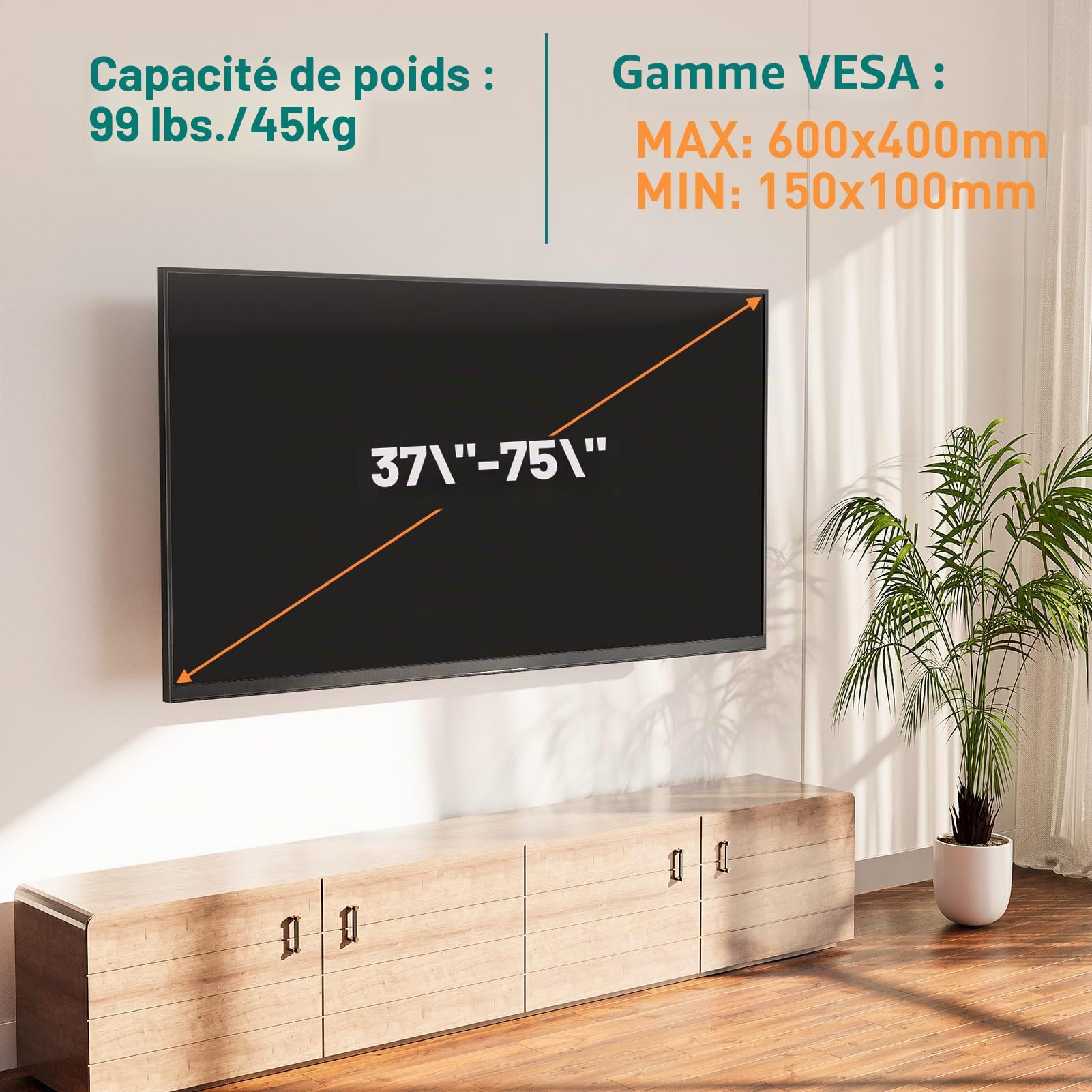 ELIVED Support mural de 813 mm pour la plupart des téléviseurs de 37 à 75 pouces | Bras d'extension, inclinable, pivotant, support mural d'angle pour TV, VESA max 600 x 400 mm, supporte jusqu'à 45 kg