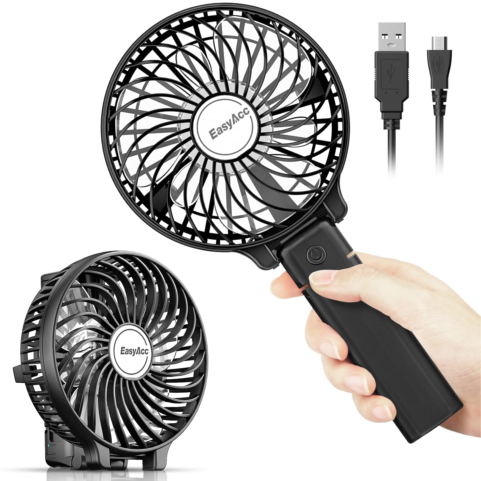 EasyAcc Handheld Fan Portable USB Fan180° Foldable Up 10 Hours 3 Speeds Powered Personal Mini Electric Fan Rechargeable Battery Folding Adjustable Fan Home Travel Outdoor Black