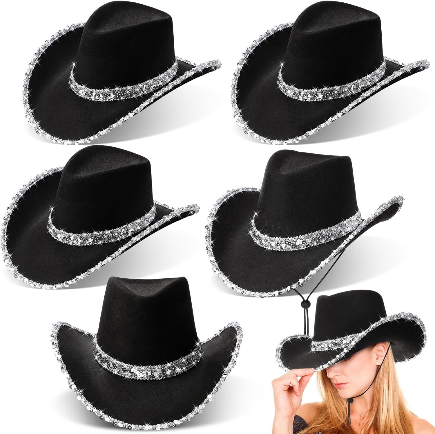 Hercicy 6 Pack Western Cowboy Hats with Rhinestone Tassel Bands Sequin Trim Sparkly Cowgirl Party Hats for Adults Women Men