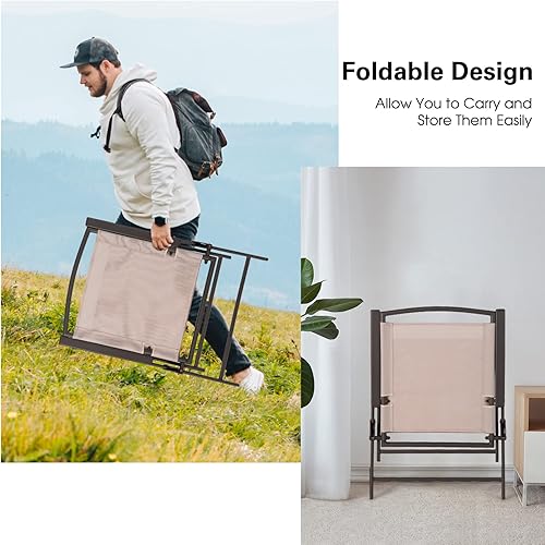 Miniatura 6 de Giantex Juego de 4 sillas plegables para patio  Sillas de exterior con reposabrazos y marco de acero inoxidable, sillas de comedor de patio con tela