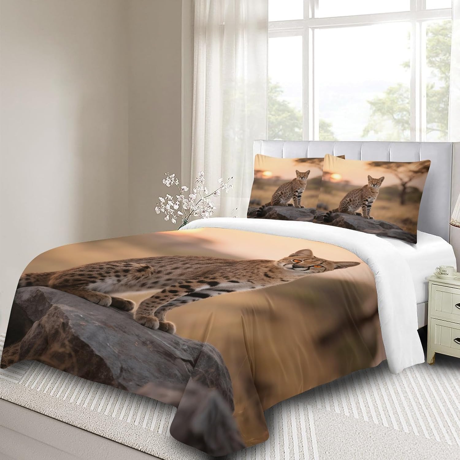 Zestawy poszewek na kołdrę w rozmiarze king size, 230 x 220 cm, uroczy motyw kota, khaki, hipoalergiczna poszewka na kołdrę z mikrofibry z zamkiem błyskawicznym i 2 poszewkami na poduszki dla