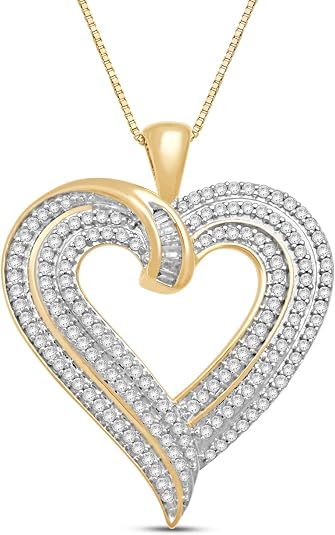 Jewelili 10K Gold 1/2 CTTW Baguette and Round Diamond Heart Pendant Necklace, 18" Box Chain: Buy Online at Best Price in UAE