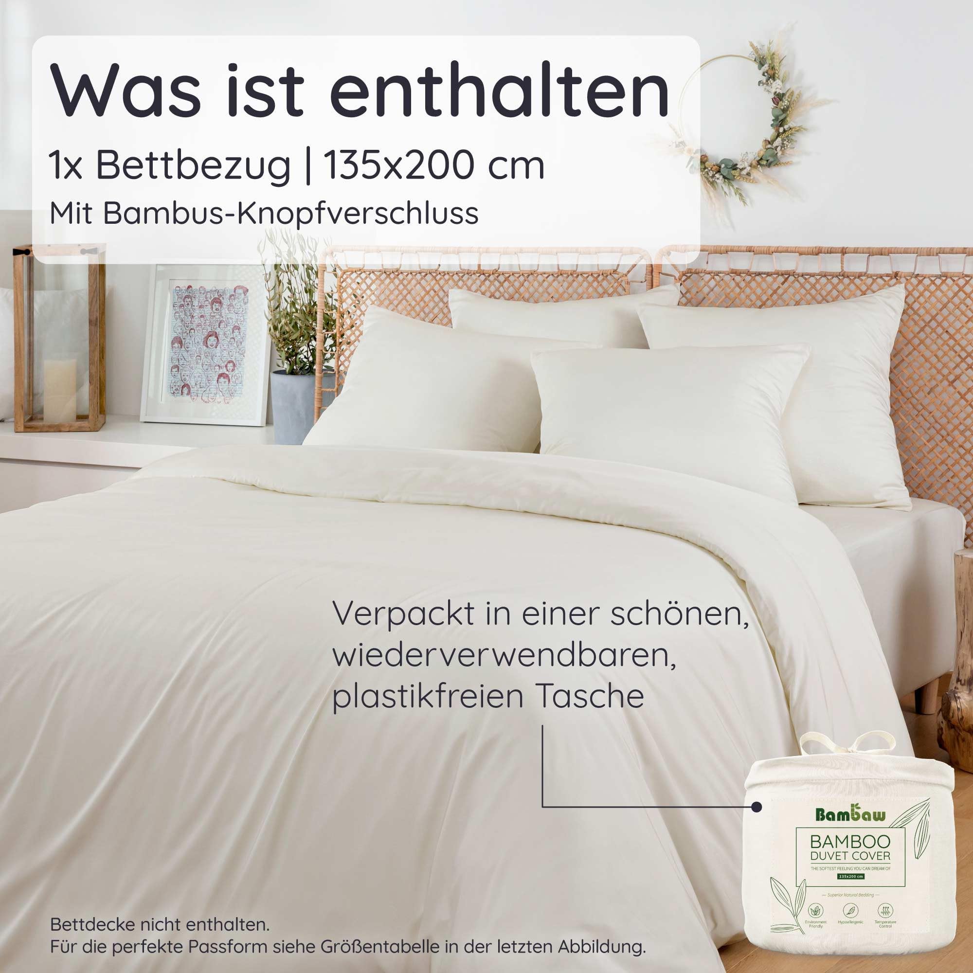 Bambaw Bettwäsche Bambus 135x200 cm, Anti Milben Bettbezug, Bettwäsche 135x200 Sommer, nachhaltiger, hautfreundlicher und kühlender Bettbezug aus 100% Bambusfasern (Elfenbein)