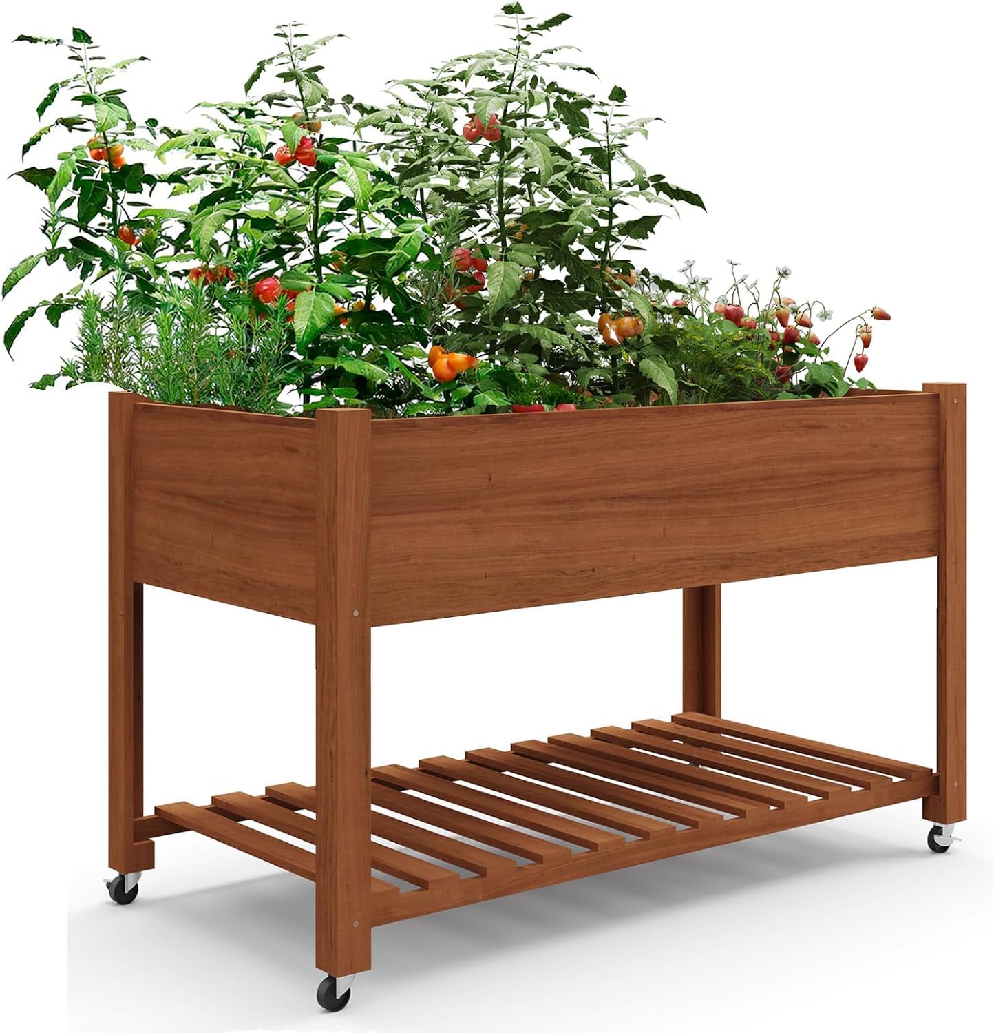 Koioplie Elevated Mobile Garden Bed with Lockable Wheels, Storage Shelf & Liner, Wood Planter Box for Gardening– Oak Color