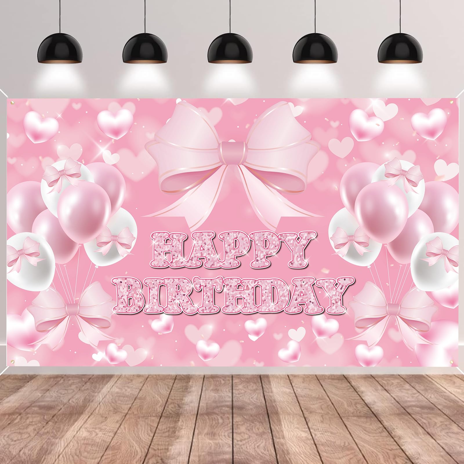 SMENGGIL Pink Bow Happy Birthday Backdrop Balloons Photography Background Hanging Banner Party Decoration for Girls Cute Coquette Accessories Supplies