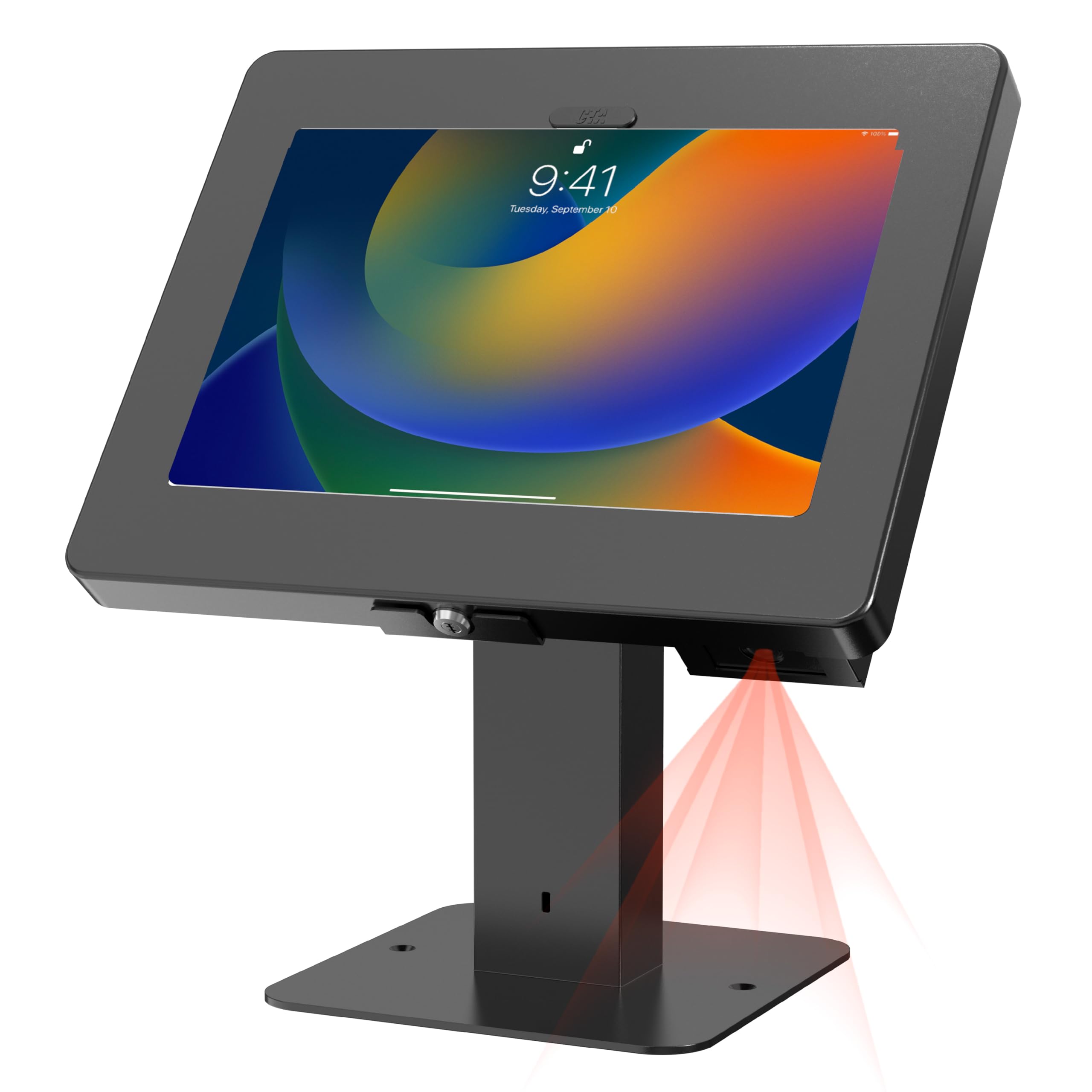 CTA Digital Supporto da scrivania girevole elegante con custodia di sicurezza e scanner di codici a barre per iPad 10a generazione A16, iPad Air 11" M3 e M2, Pro 11", Galaxy Tab A7 e altri, nero